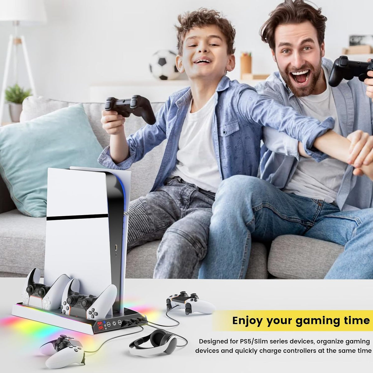 Fenolical PS5/Slim/Pro Stand with Adjustable Cooling Fan, Vertical PS5 Cooling Charger Stand for PS5/Slim/Pro, Multifunctional PS5 Slim Cooling Station with Dual Controller Chargers and RGB Light