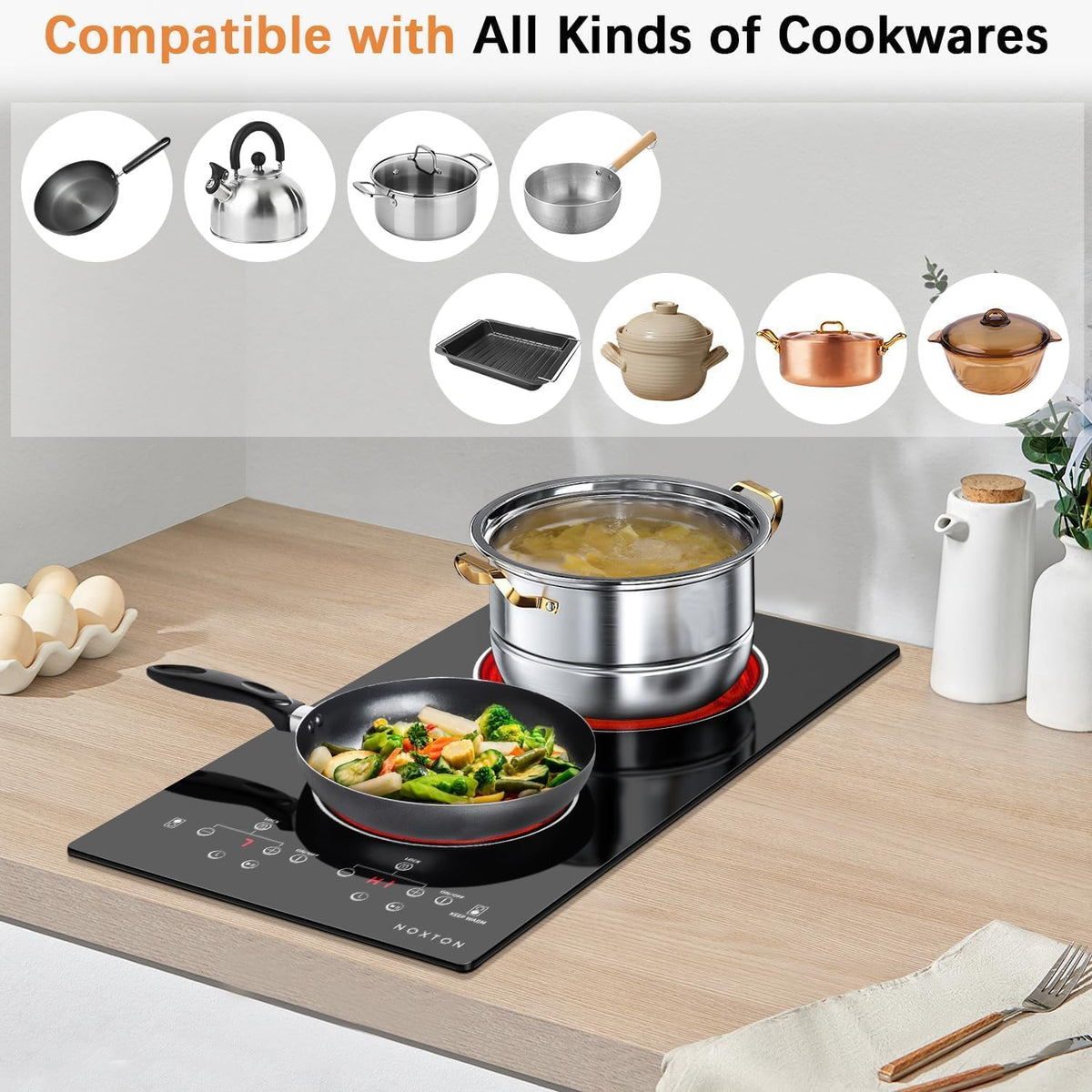 Noxton 2 Zone Ceramic Hob 30cm Electric Hob with Timer, Safe Lock, Pause Coutertop Use Hob with 13AMP Plug 2800W