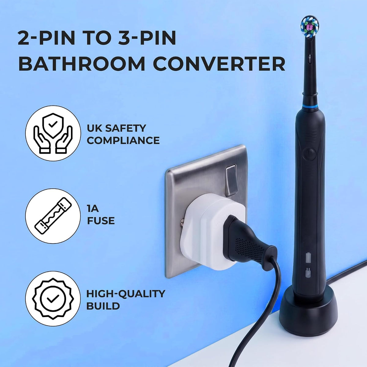 Double Dragon 2-Pack UK Electric Toothbrush & Shaver Plug Adapter | 2-Pin to 3-Pin Bathroom Converter | Supports UK EU Round & US Flat 2-Pin Plugs | 1A Fused | Compatible with Oral-B, Braun, Philips