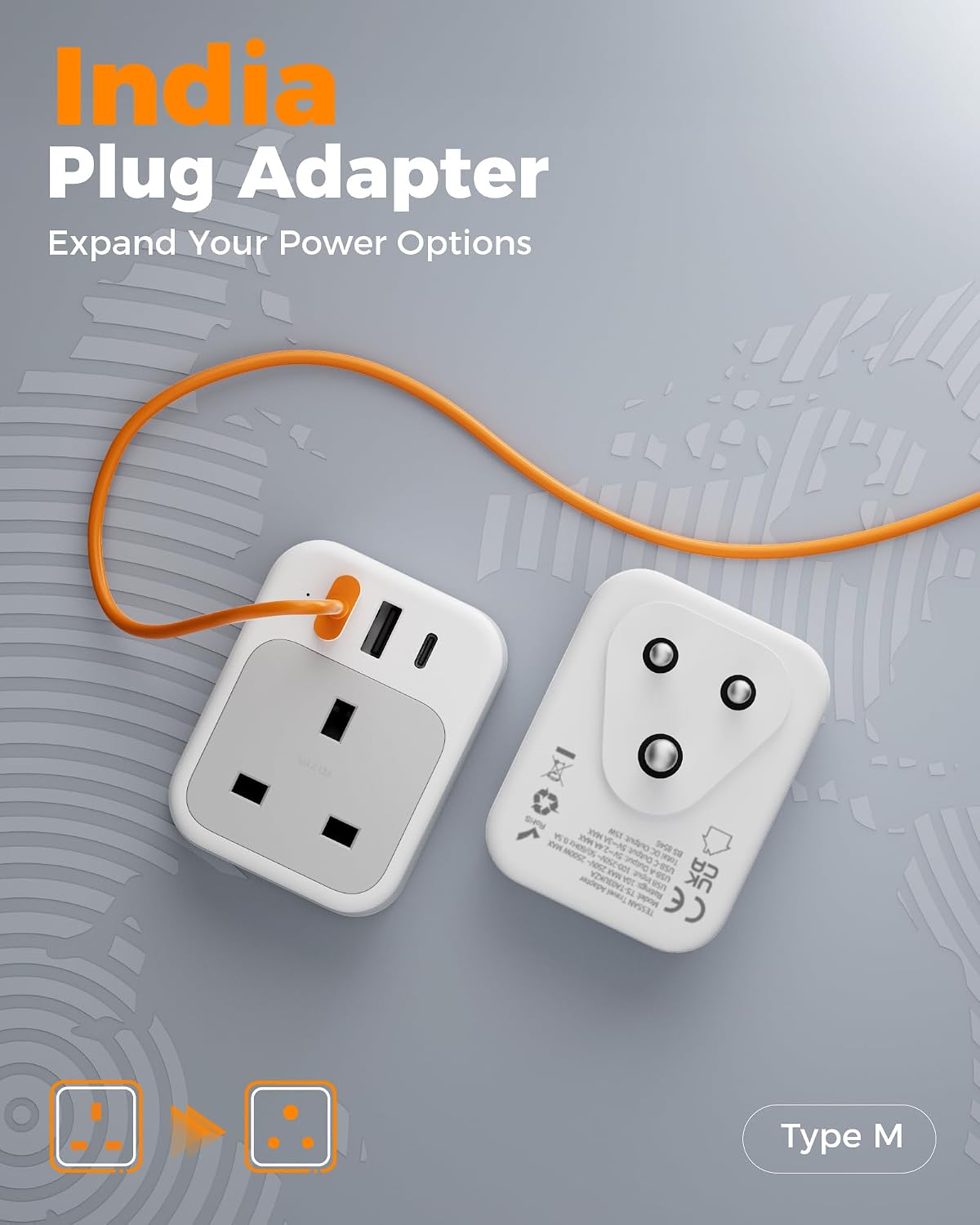 TESSAN UK to South Africa Plug Adapter, Type M Travel Adaptor with USB C