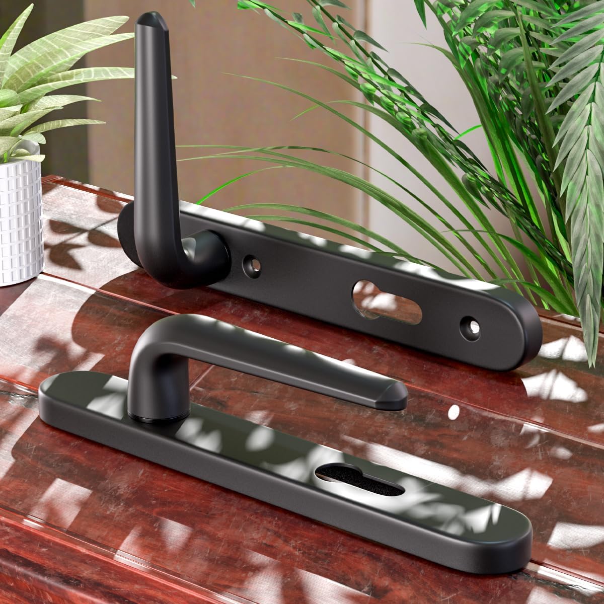 Bwintech 1 Set Black UPVC Door Handle Set, 92mm Backset,122mm Screw Hole Distance, 210mm Plate Length Front Door Handles for UPVC Door