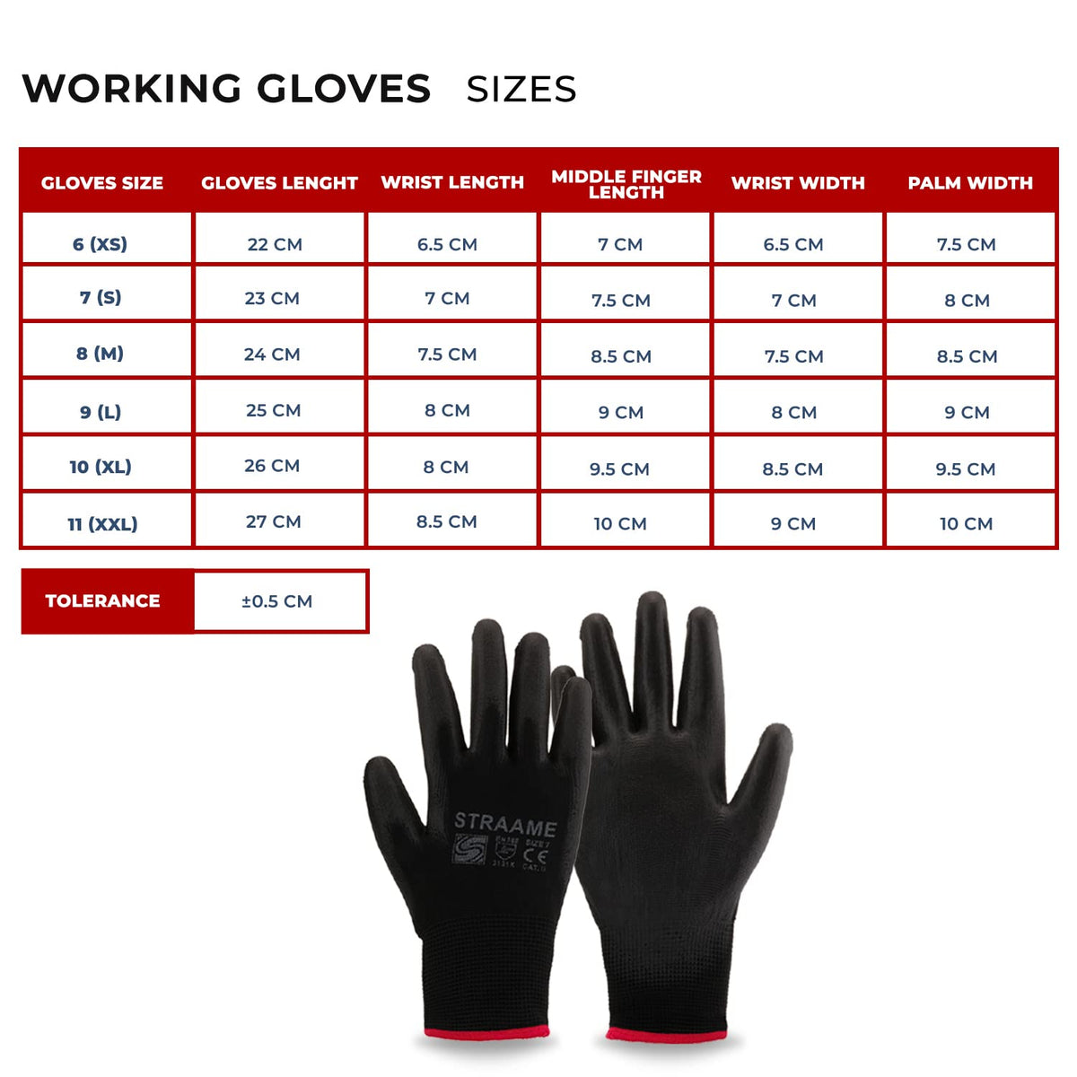 Straame Black Work Gloves, 12 Pairs, PU Coated Nylon, Non-Slip Grip, Size S