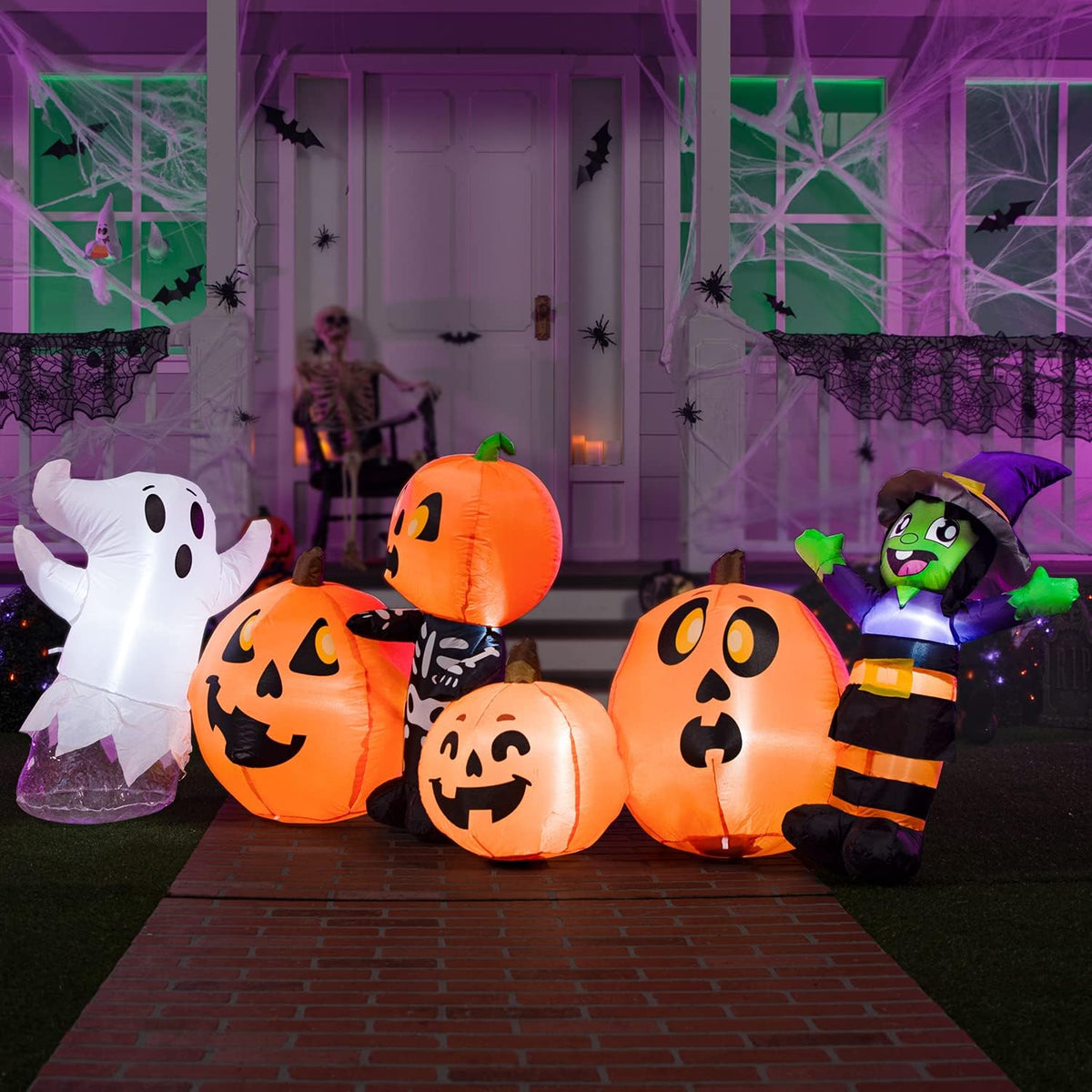 Joiedomi 8 ft Long Inflatable Three Characters and Pumpkin Patch With Built-in LEDs for Halloween Party Indoor, Outdoor Yard Lawn Garden Decorations