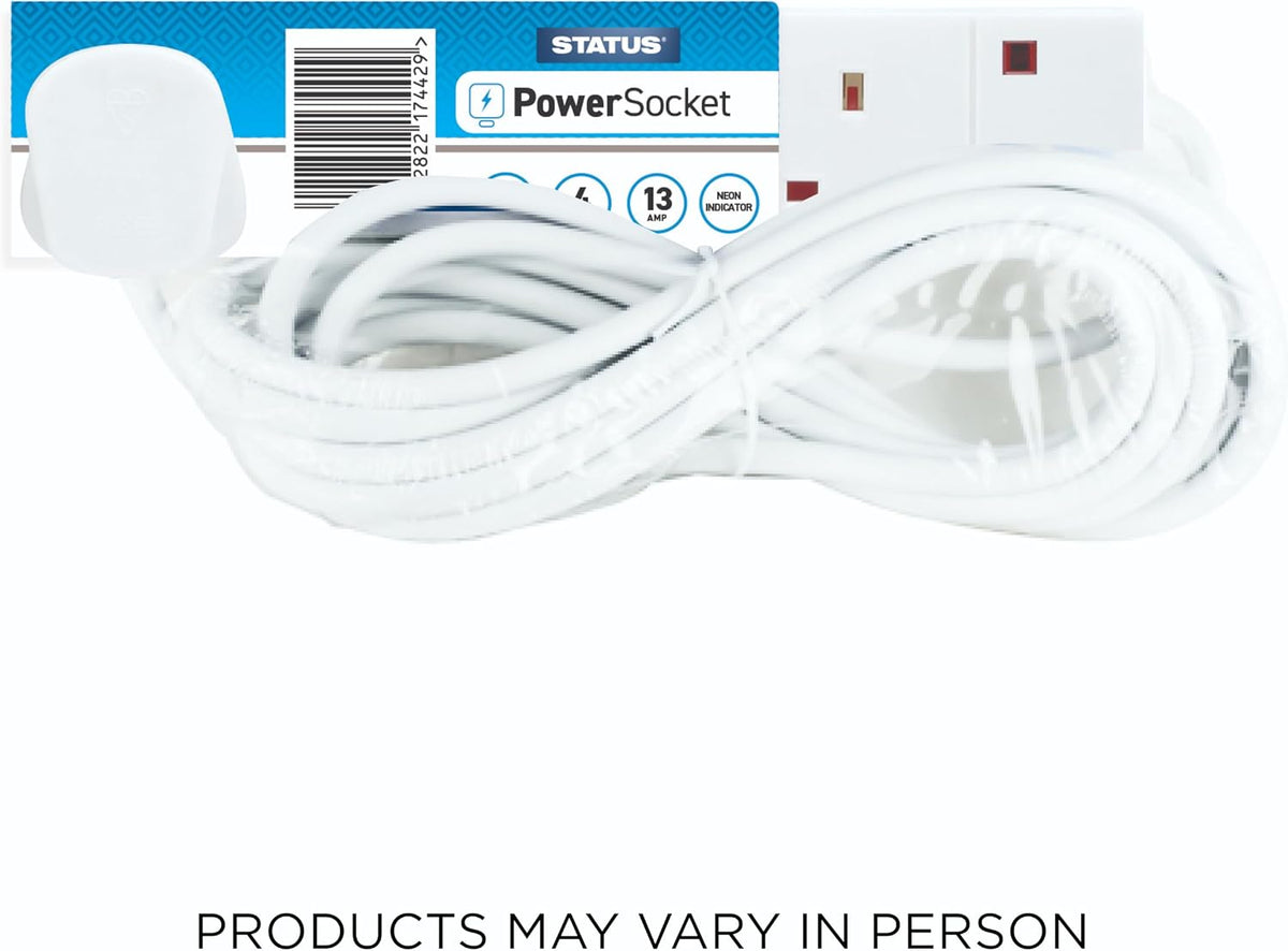 STATUS 4 Way Socket Extension Lead, 4m Cable with Neon Power Indicator, 13A Multi-Plug Strip for Home or Office, Wall Mountable, White (S4W4MS6)