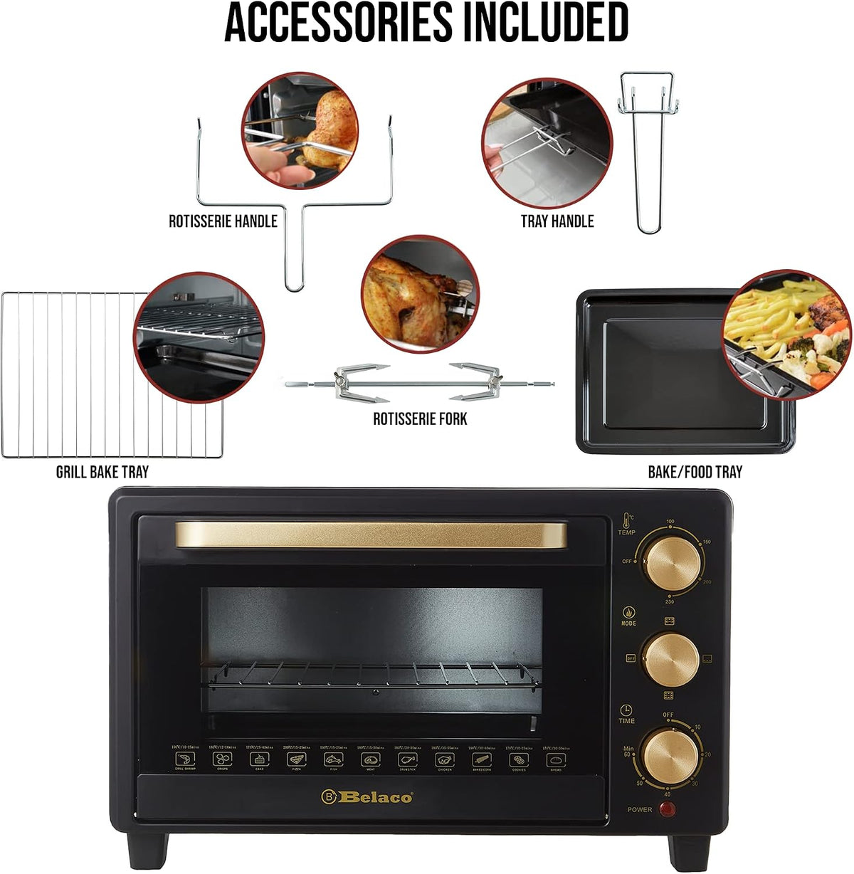 Belaco 23L Toaster Oven Tabletop Cooking Baking Portable Oven Rotiseerie1380w 60 min Timer with auto shut off 100-250° Stainless Steel Heating Tube incl. Baking Tray, Wire Rack, Handle, Rotisserie…