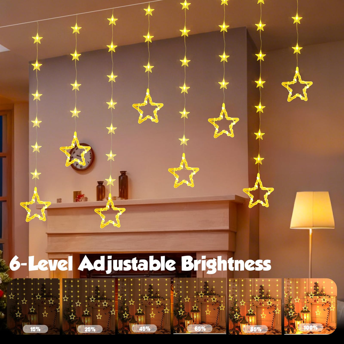 Christmas Star Window Lights, 2M 48 Stars 80 LED Curtain Fairy Lights with Remote, Timer, 8 Modes, Dimmable, USB Powered String Lights for Window, Bedroom, Party, Christmas Decorations