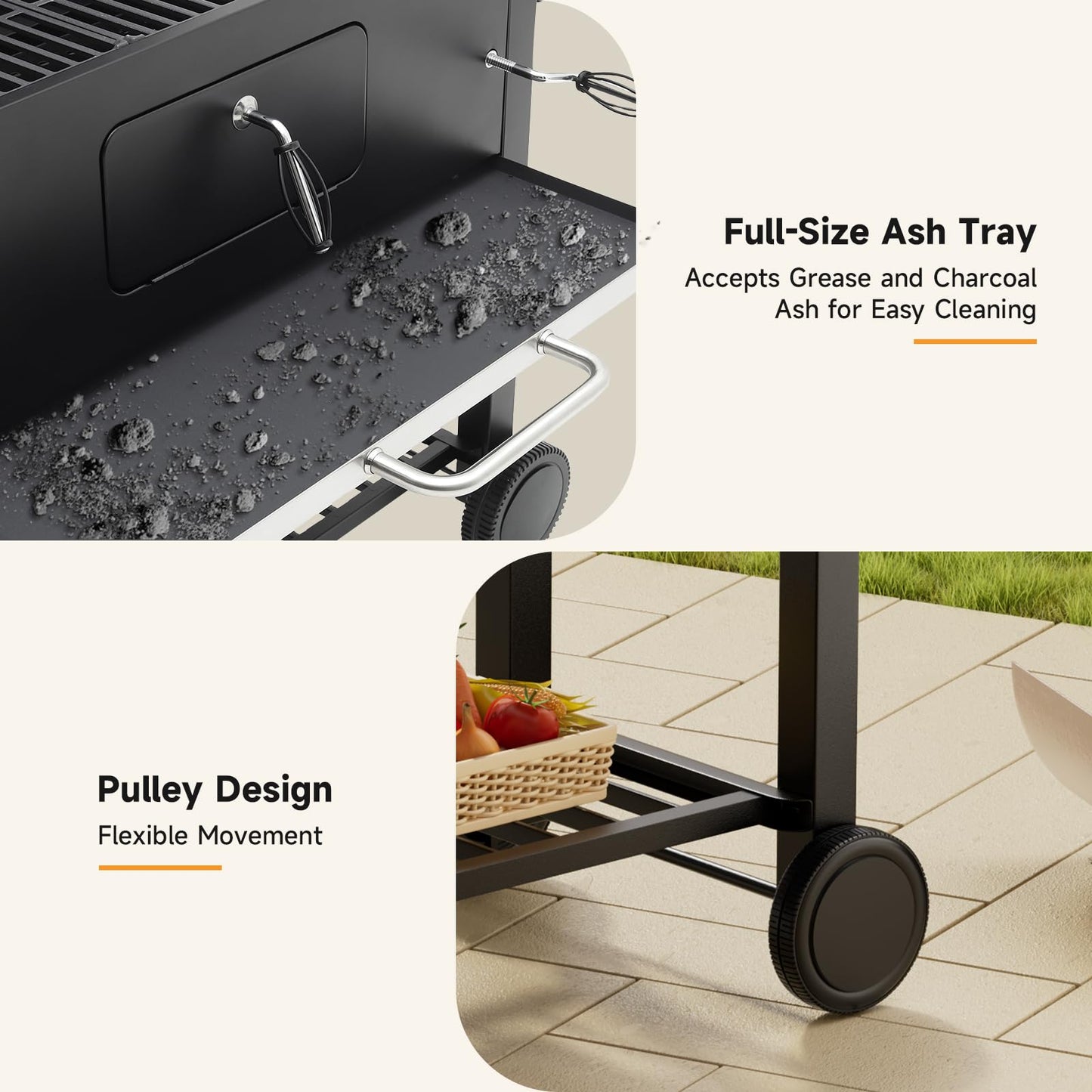 XXXL Smoker Charcoal BBQ, Portable Barbecue Grill with Wheel & 2 Folding Table, Thermometer & Adjustable Charcoal Pan, Large Outdoor BBQ Grill Smoker for Patio Home Garden Cooking