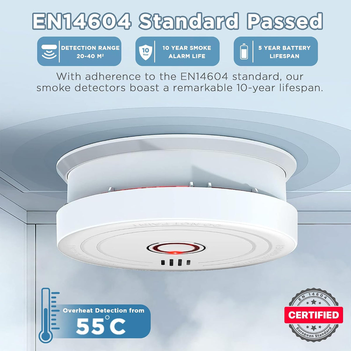 2 Pack Smoke Alarms for Home – 10-Year Life Fire Alarms with 5-Year Replaceable Battery, EN14604 Certified Photoelectric Smoke Detector with Silence Button, LED Light, for Kitchen, Caravan, Office