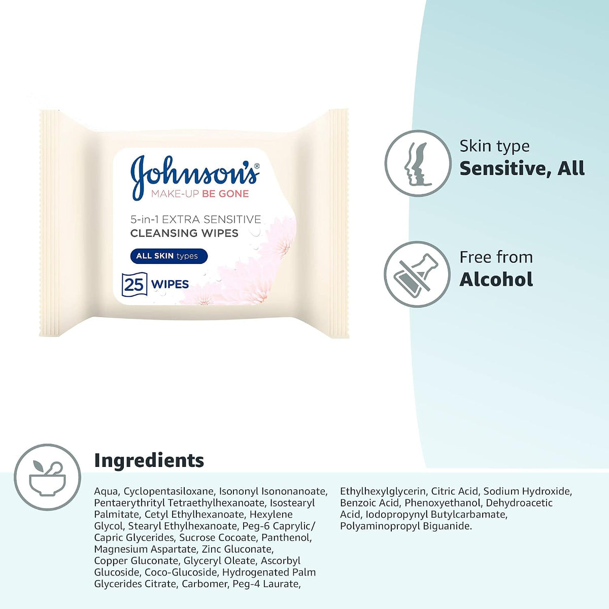 Johnson’s Make-Up Be Gone 5-in-1 Extra-Sensitive Cleansing Wipe, Gently Remove up to 99% of Makeup, Including Waterproof Mascara, Pack of 25 Wipes