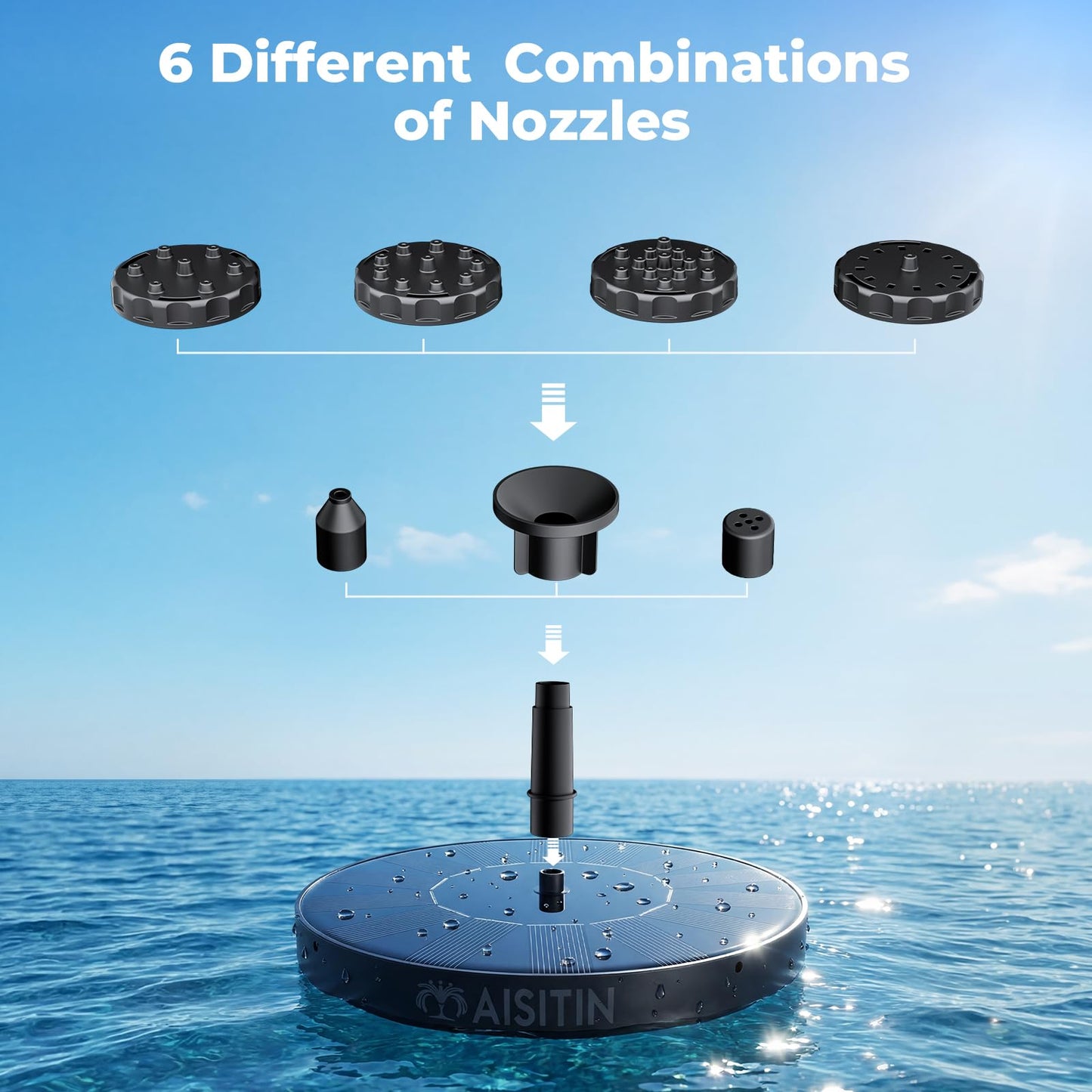 AISITIN Solar Water Fountain, Solar Powered Water Fountain with Multiple Nozzles, Floating Solar Pond Pump,Solar Water Feature for Bird Bath, Garden, Pond, Pool and Fish Tank