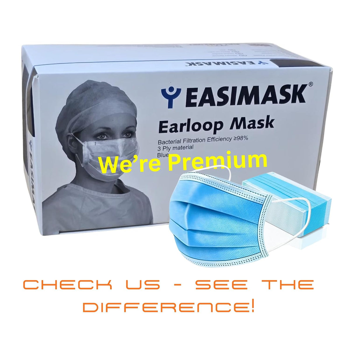 Premium Disposable Face Masks 100 Pack, Blue, 3-Ply Type IIR General Use Masks with Elastic Ear Loops, Breathable Triple Layer Protection for Men & Women