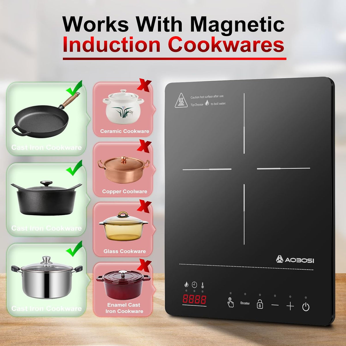 Aobosi Single Induction Cooker,Portable Induction Hob with Ultra-thin Body(32 * 26 * 4.2),20 Power and Temperature levels,Booster Function 2000W,Safety Lock,10H Timer,Black
