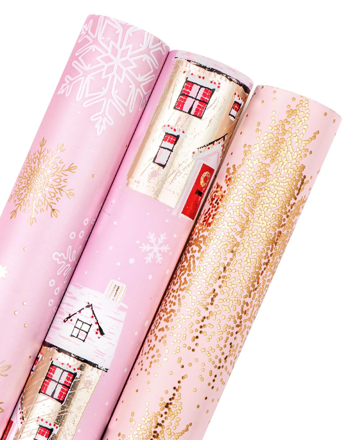 RUSPEPA Christmas Wrapping Paper Roll - Mini Roll - 3 Rolls - 43.2cm x 3m Per Roll - Bird, Christmas Garland, Holly and Pinecones Holiday Design with Metallic Foil Shine