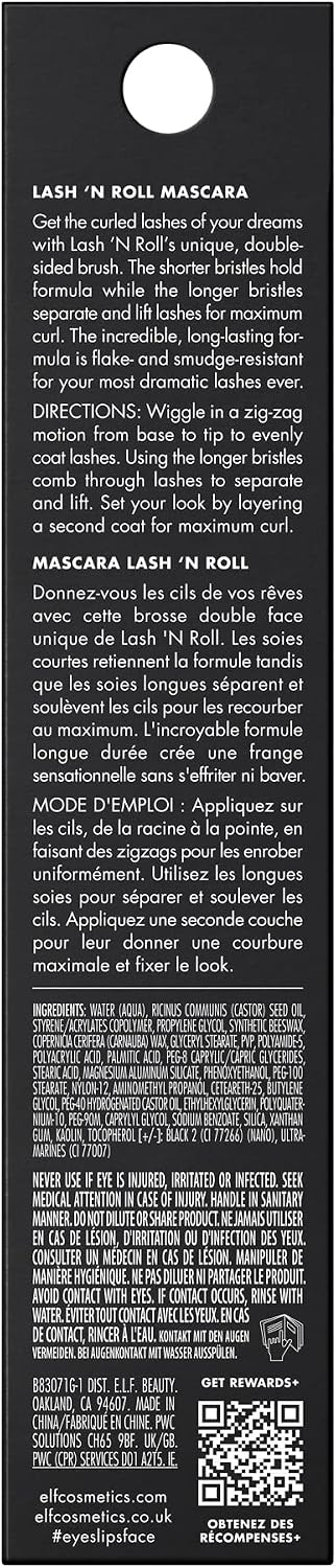 e.l.f. Lash 'N Roll Mascara, Curling Mascara For Visibly Lifted Lashes, Lifts & Separates Lashes. Long-Lasting Formula, Vegan & Cruelty-Free, Black
