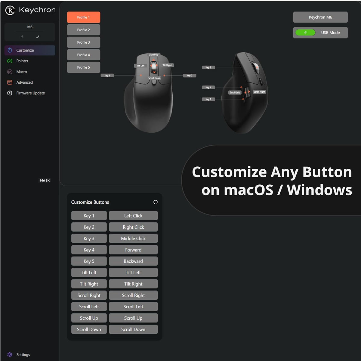 Keychron M6 8000 Hz Silent Wireless Bluetooth 5.3/2.4 GHz/Wired Connection Gaming Mouse, Lightweight Body Programmable PixArt 3950 Sensor (30K DPI / 750 IPS) for Windows Mac Linux - Black