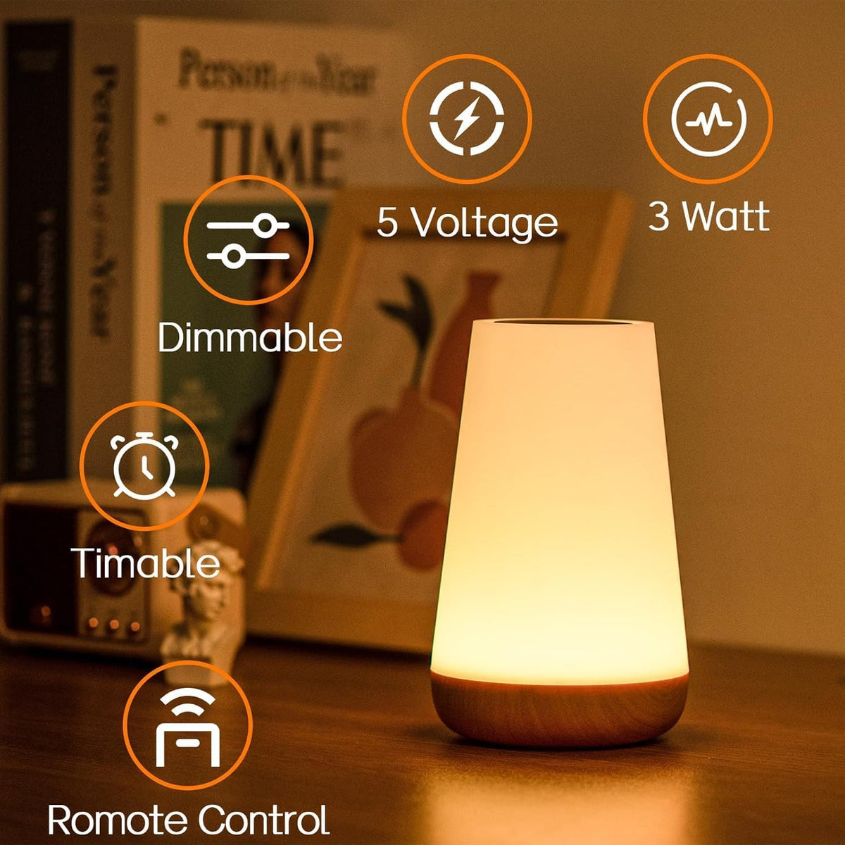 Ledivion Night Light, LED Touch Bedside Table Lamp, RGB Colours Changing, 5 Brightness Level, Timing Function, Dimmable Rechargable Remote Control Light for Bedroom, Living Room