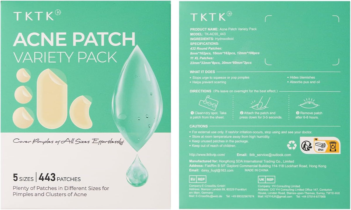 TKTK 443 Count Pimple Patches for Face, Hydrocolloid Spot Stickers, 5 Sizes