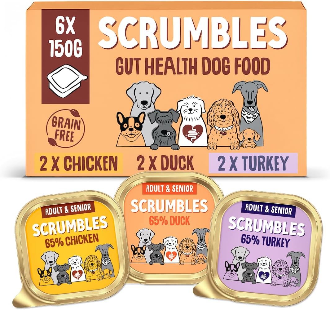 Scrumbles • Wet Dog Food • Hypoallergenic • All Lifestages • Poultry Multipack • 0.9kg (6 Trays x 150g) • Natural Complete Adult Recipe • Gut Friendly Prebiotics