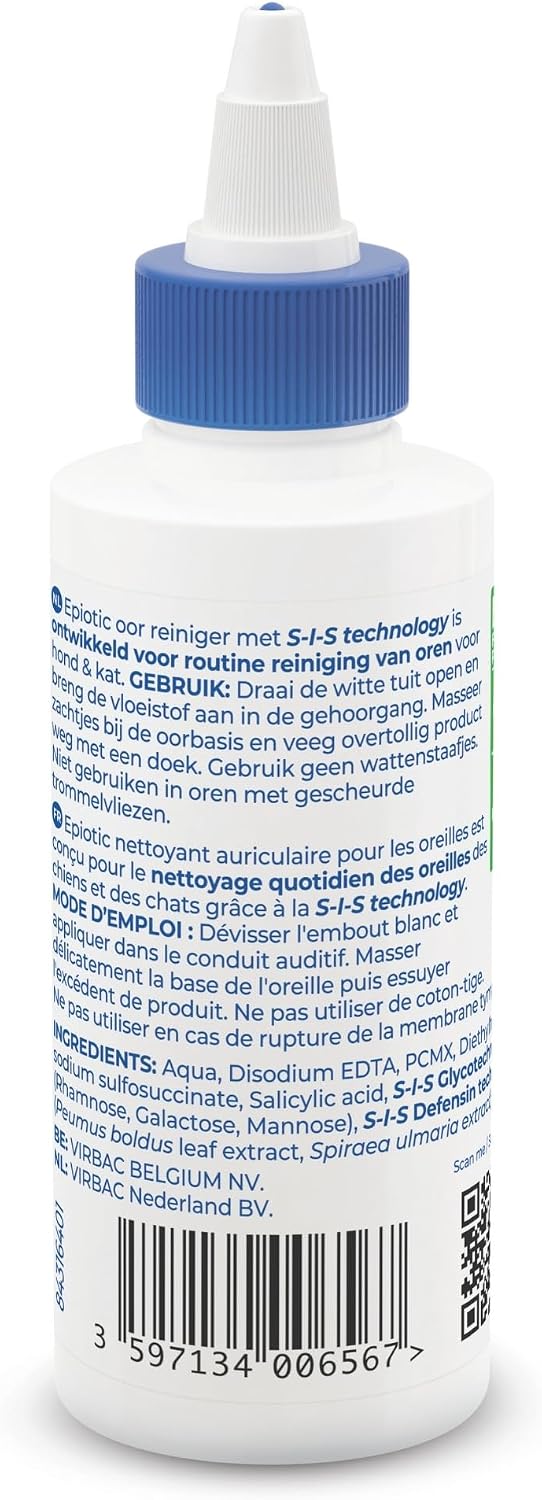 Virbac EpiOtic Cat and Dog Ear Cleaner Solution - Antibacterial and Anti-fungal Dog and Cat Ear Cleaner - 125ml