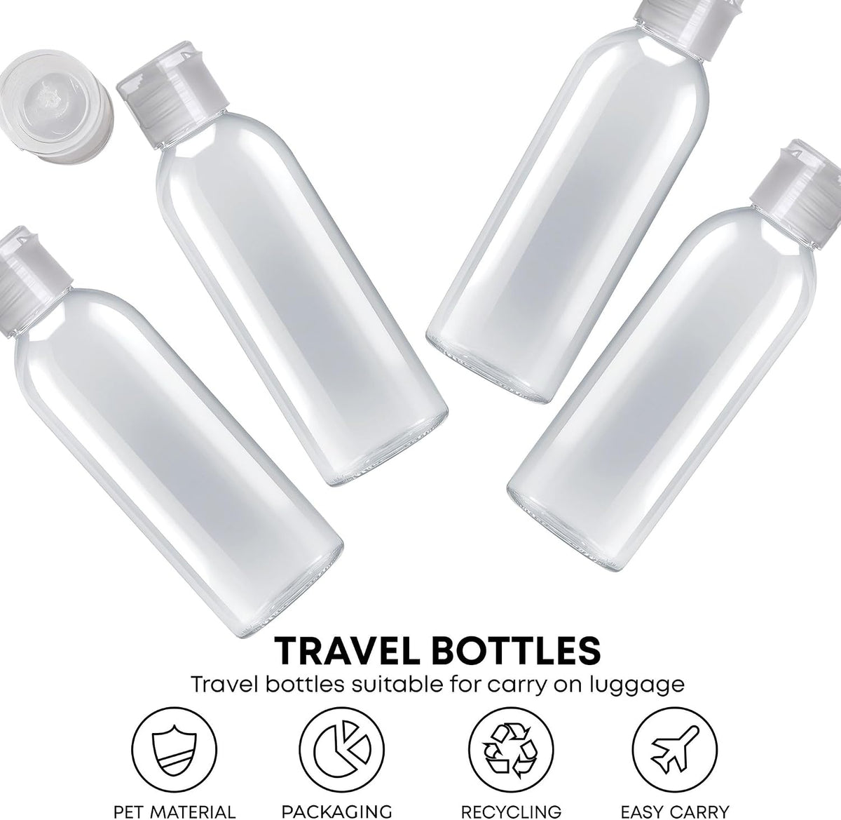 Palm Safe 4 pcs 100ml/3.5 OZ Clear Plastic Travel Bottles, Durable Strong Recyclable BPA Free Storage Bottles, Empty Refillable Containers with Flip Cap Leak Proof for Toiletries