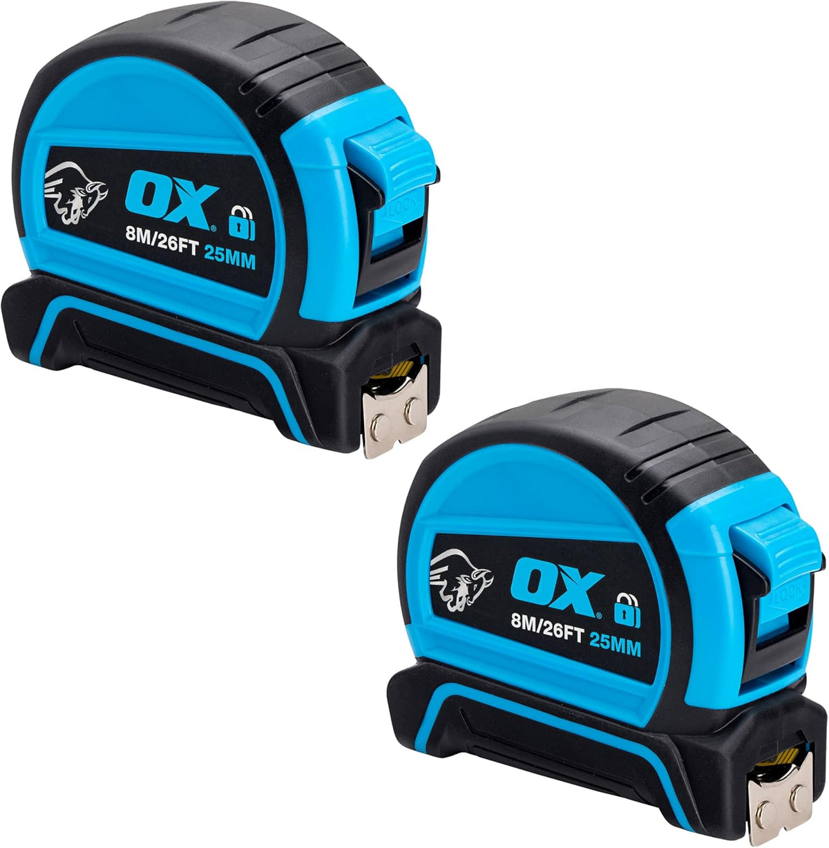 OX Pro Dual Auto Lock Tape Measure Twinpack - 8m, Magnetic End Hook