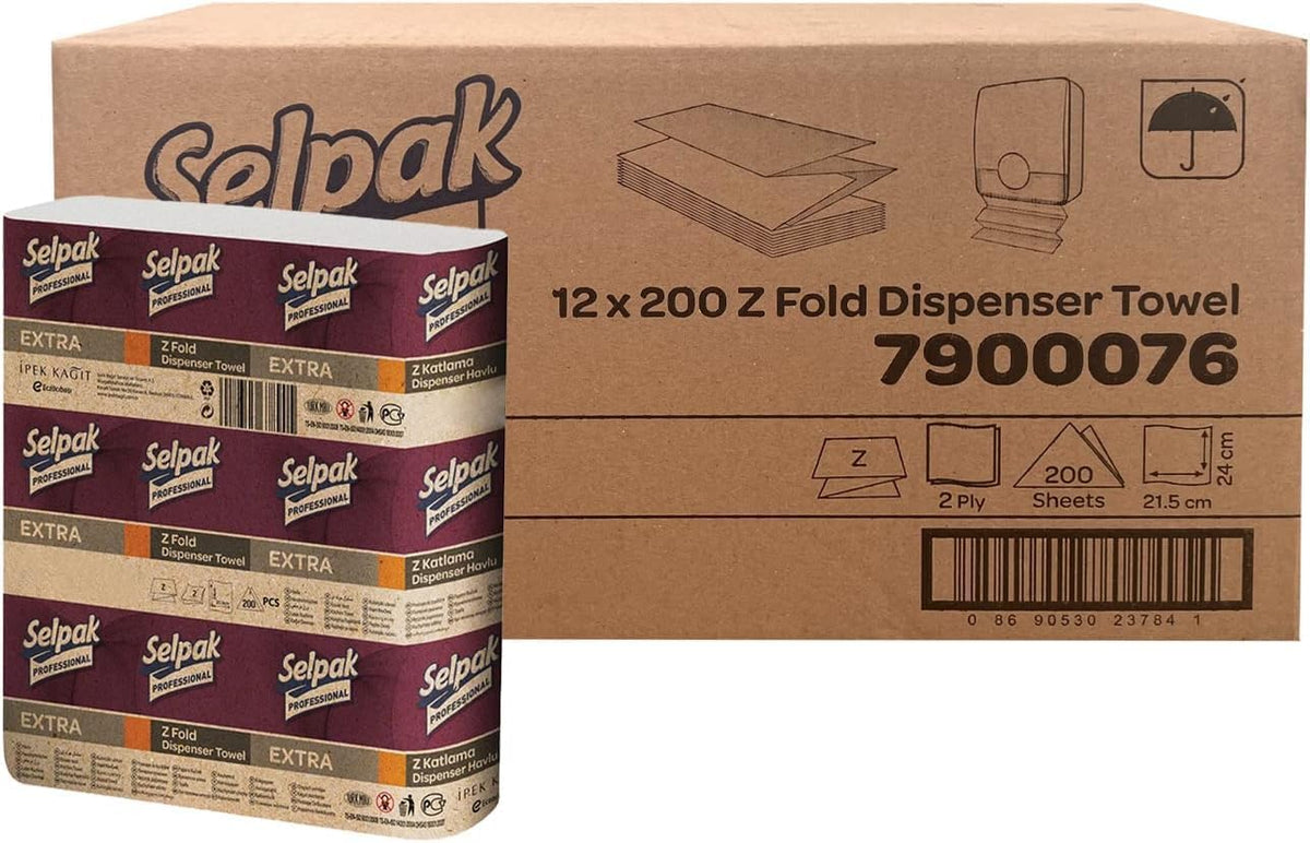 Selpak Professional Z Fold Paper Towels, 2ply Paper Hand Towels Disposable 12x200, (Total 2400), Absorbent White Paper Towel Ideal for Individuals/Businesses, Paper Hand Towels for Dispenser