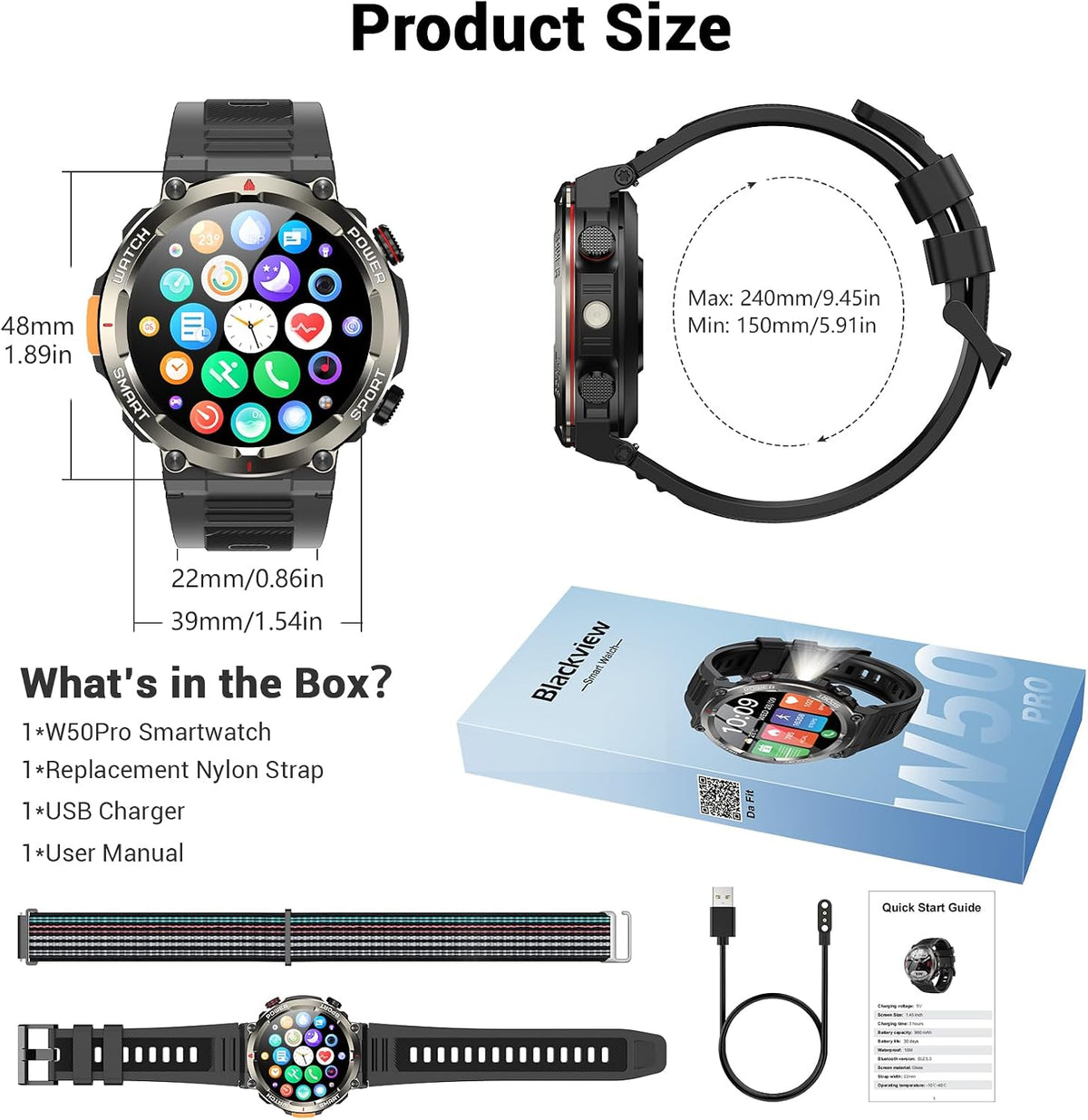 Blackview Military Smart Watch for Men (Answer/Make Calls), 1.45" Fitness Tracker with 100-Day Battery/Flashlight/Compass/Heart Rate/SpO2/Sleep, 150+ Sports IP68 Waterproof Smartwatch for iOS Android