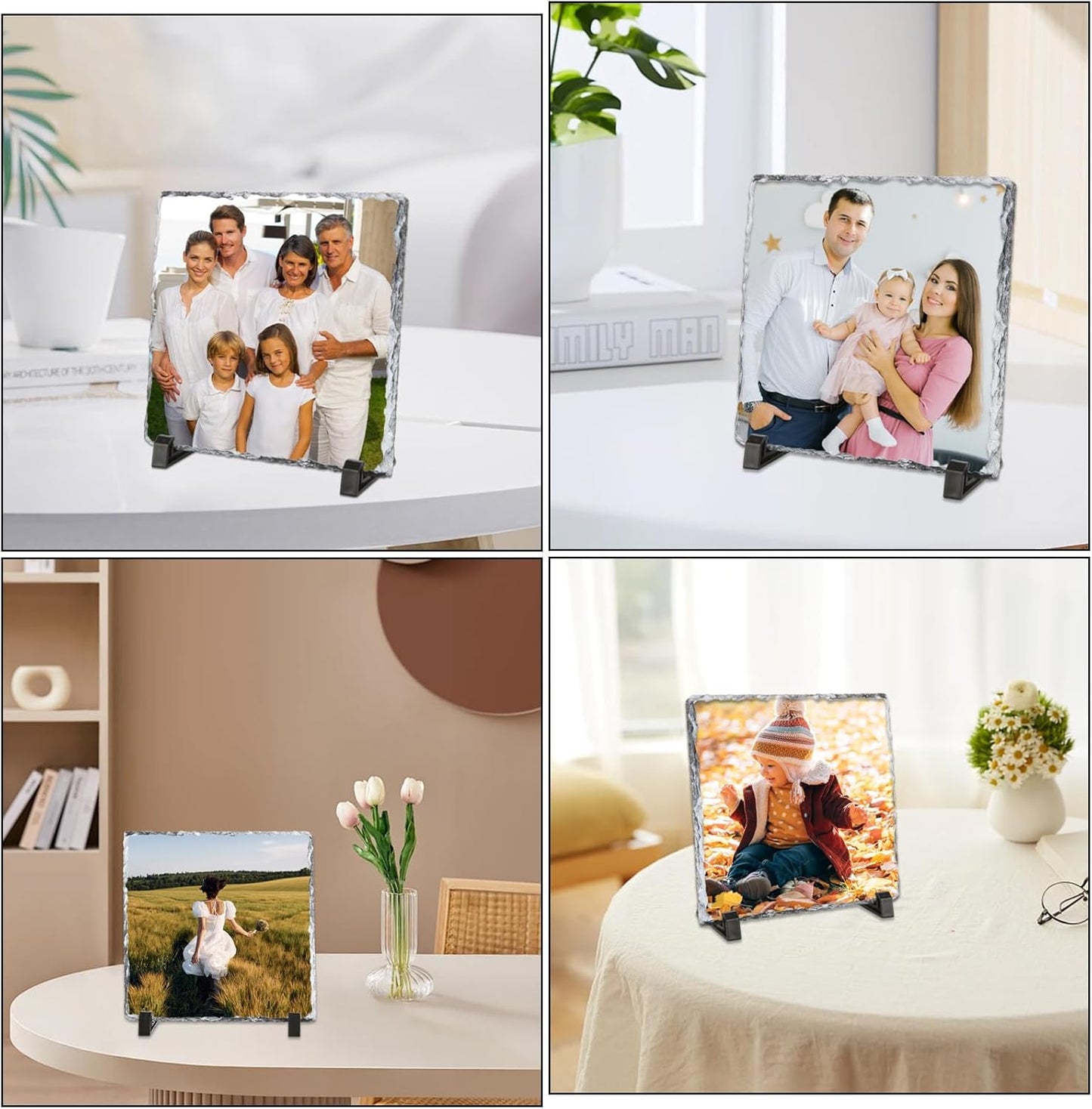 4 Pcs Slate Photo Personalised, 20cm x 20cm Photo Slate with Stand, Slate Picture Personalised, Rock Slate Photo Personalised Gift for Mother's Day, Father's Day, Birthday, Christmas