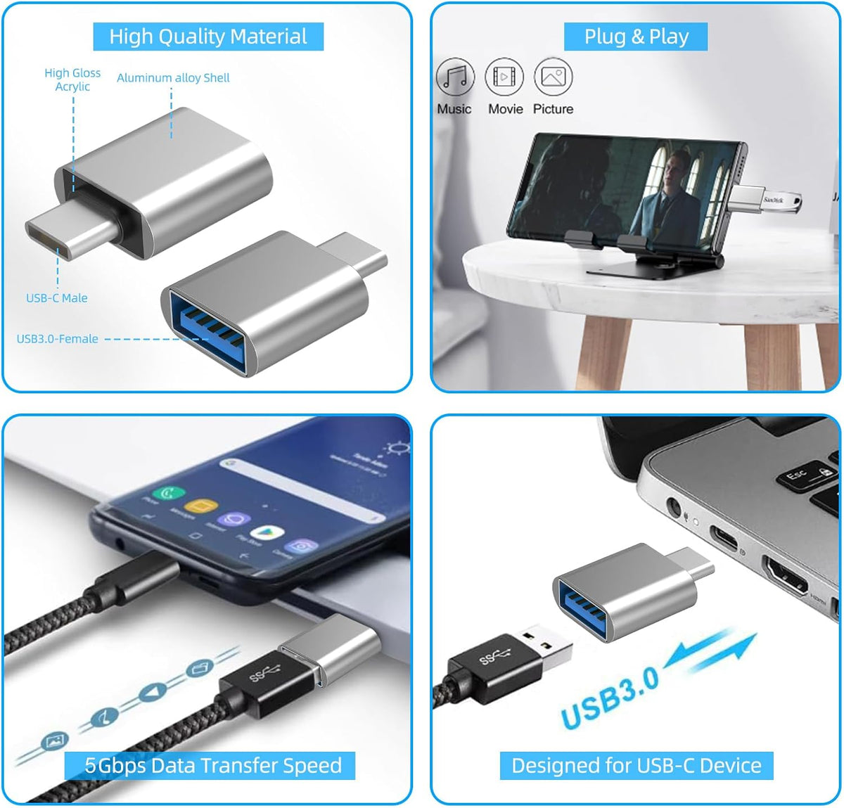 4Pack USB C to USB 3.0 Adapter(2Pack)& USB 2.0 to USB C Adapter(2Pack), 5Gbps SuperSpeed Data Transfer and Charge USB Converter Compatible with iPhone16 15 Laptop Samsung