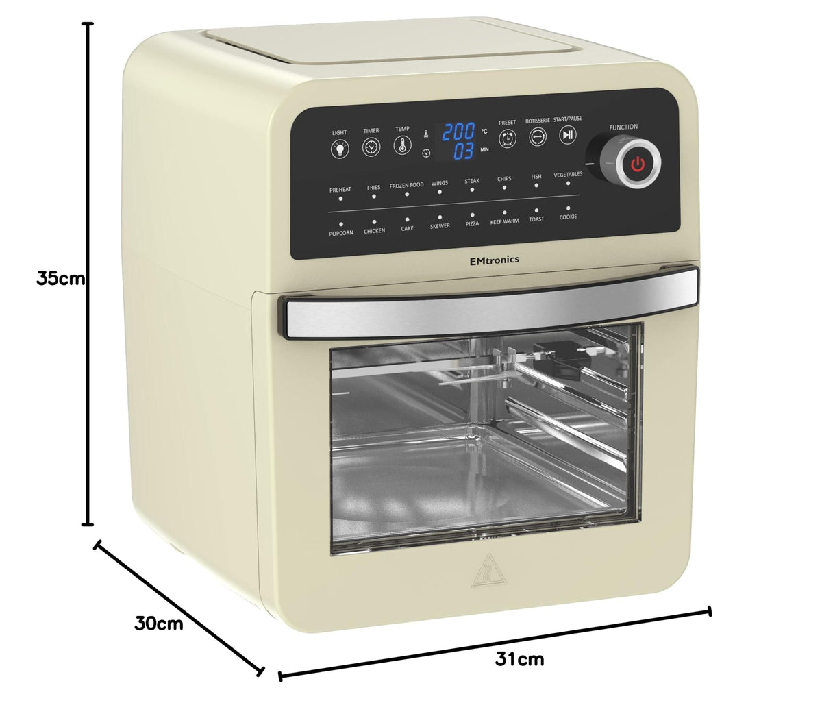 EMtronics Retro Air Fryer Oven Combi, Rotisserie and Grill, Large Family Size 12L with 16 Pre-Set Menus for Oil Free Cooking – Black