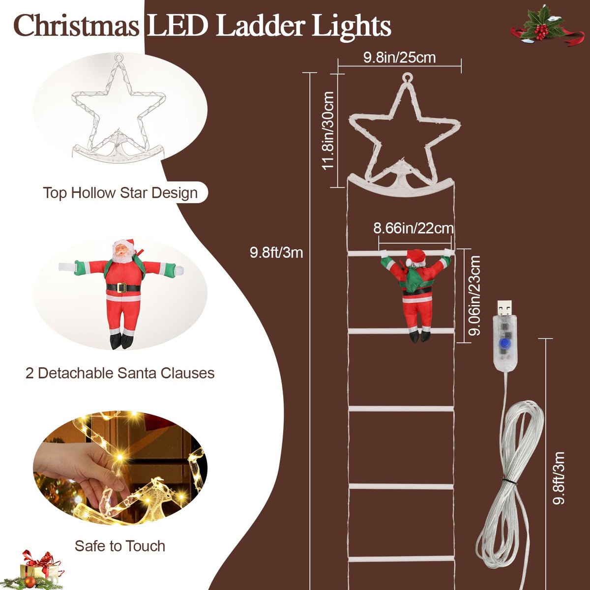 Lewondr 10ft Christmas Ladder Lights with 2 Santa Ladder Climbing, Colorful