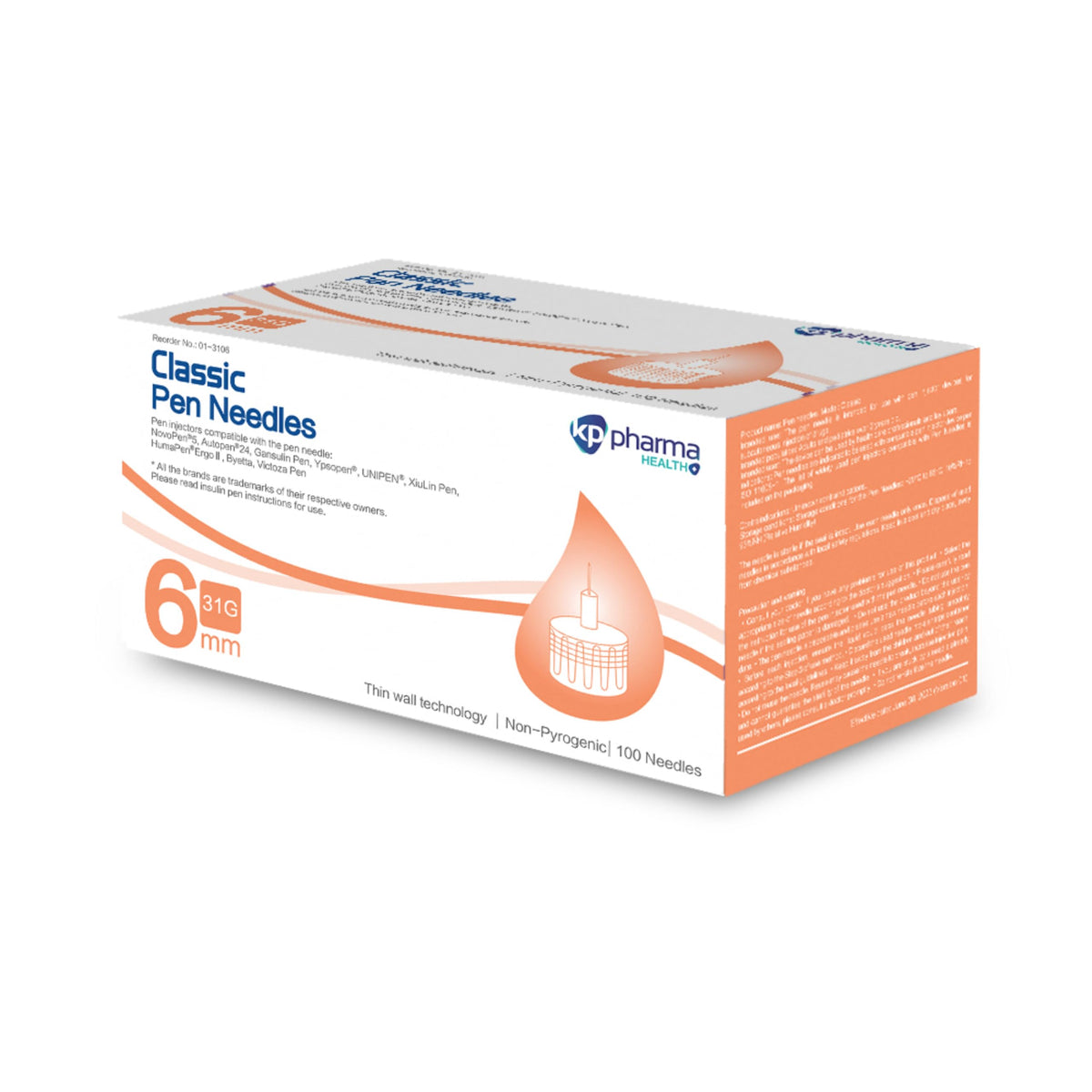 KP Pharma Classic Pen Attachment 31G x 5mm – Pack of 100 | Silicone Coated Individually Sealed Clean Attachment | Compatible with Most Pens | Latex-Free Pen Attachment