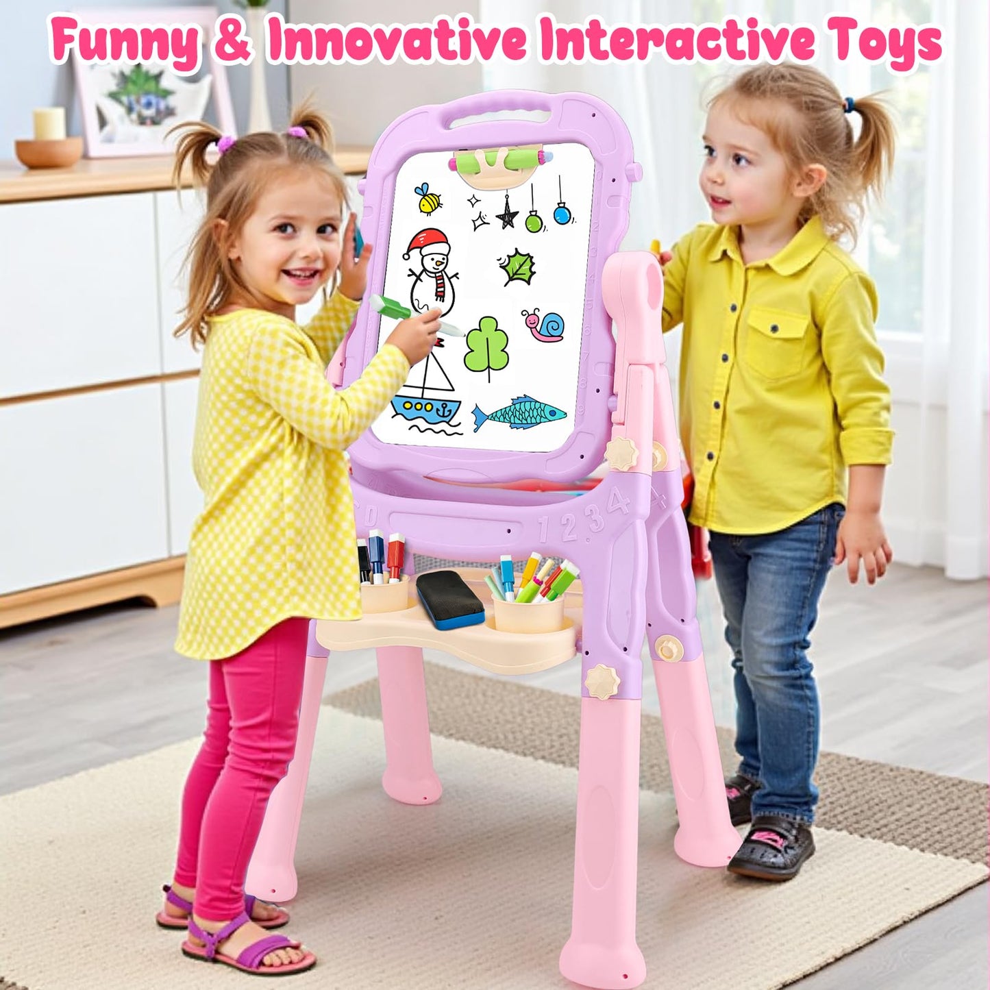 4 in 1 Kids Easel with Magnetic Whiteboard Chalkboard, Toddler Art Easel for Kids with Height Adjustable & 360°Rotatable Drawing Writing Painting Accessories, Gifts for 2 3 4 5 6 7 Year Old Boys Girls