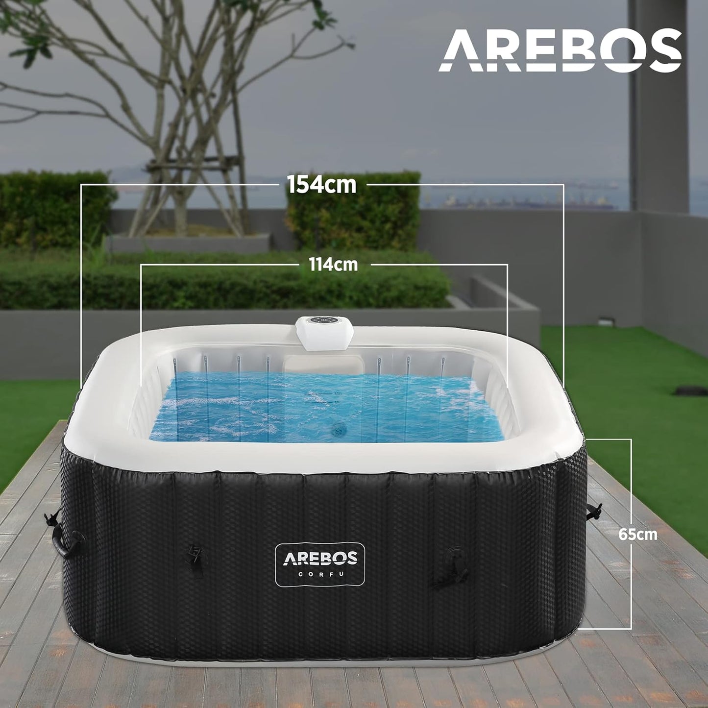 Arebos Inflatable Hot Tub | Indoor & Outdoor Spa Pool | 154 x 154 cm | with LED lighting | square |4 persons | 100 massage jets | with heating | 600 L | Incl. cover | Bubble Spa & Wellness Massage