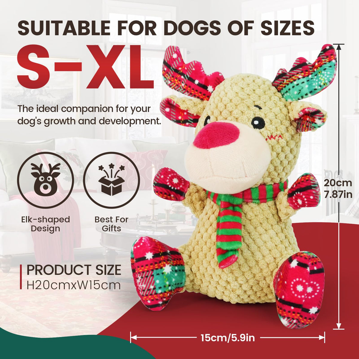 Christmas Dog Toy – Reindeer Plush with Squeaker & Crinkle Ears Durable Corduroy Texture Soft PP Cotton Filled Festive Gift Toy for Small & Medium Dogs Cute Holiday Chew & Fetch Toy