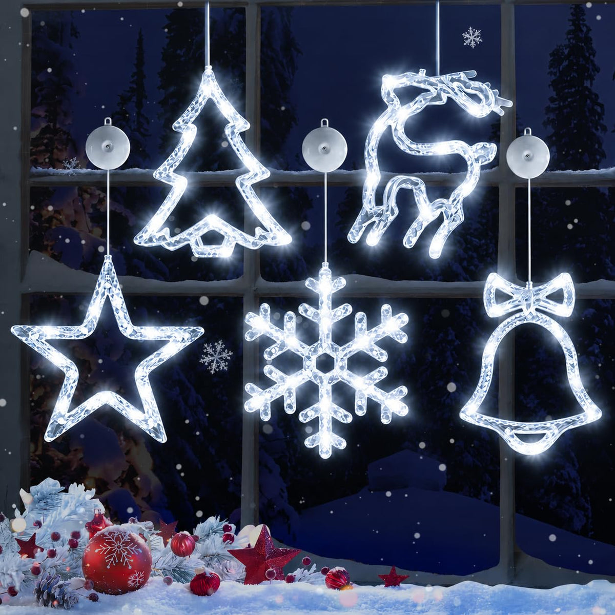 LYUBASA 5Pack Christmas Window Lights Decorations with Timer,Battery Powered Christmas Hanging White Lighted Snowflake Shaped LED Sucker for Xmas Tree Fireplace Indoor Decor