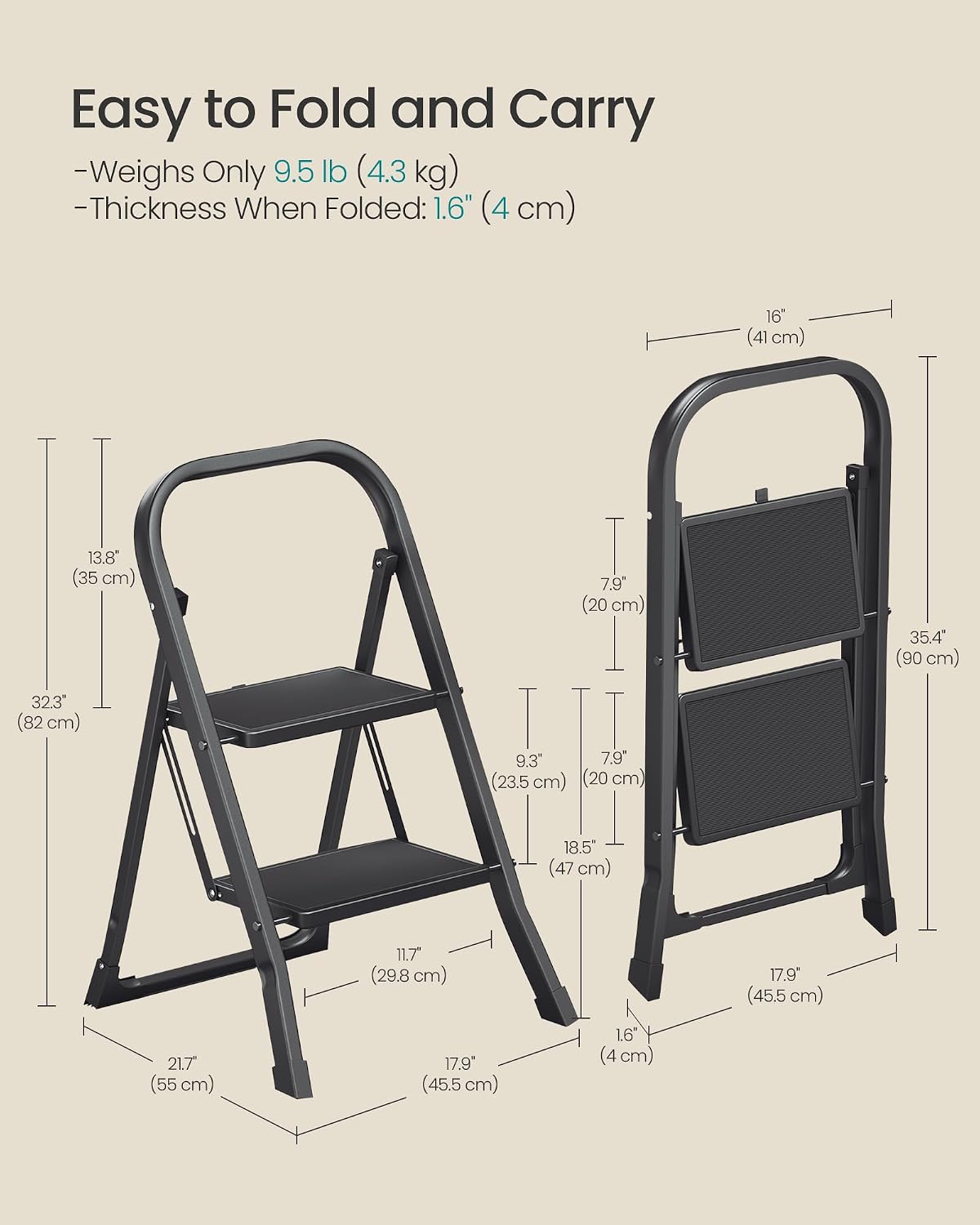 SONGMICS 2-Step Ladder, Folding Step Ladder, Safety, Holds up to 150KG