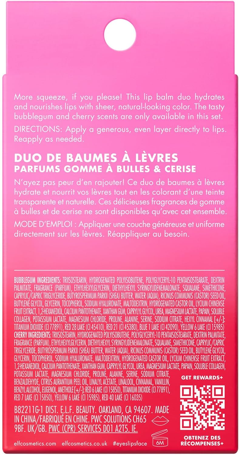 e.l.f. Squeeze Me Lip Balm Duo, Moisturizing Lip Balm for a Sheer Tint of Colour, Infused with Hyaluronic Acid, Vegan & Cruelty-Free, CHERRY/BUBBLEGUM