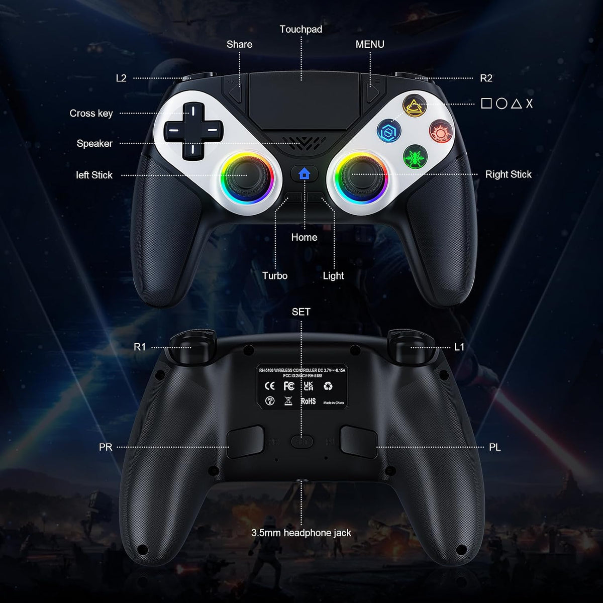 Nonbliep Wireless Controller for PS5/Slim/Pro/PC, Bluetooth Gamepad with Back Buttons, Speaker, Dual vibration, 6-Axis Sensor, Turbo, Macro, Touchpad and 3.5mm Audio Jack-Black