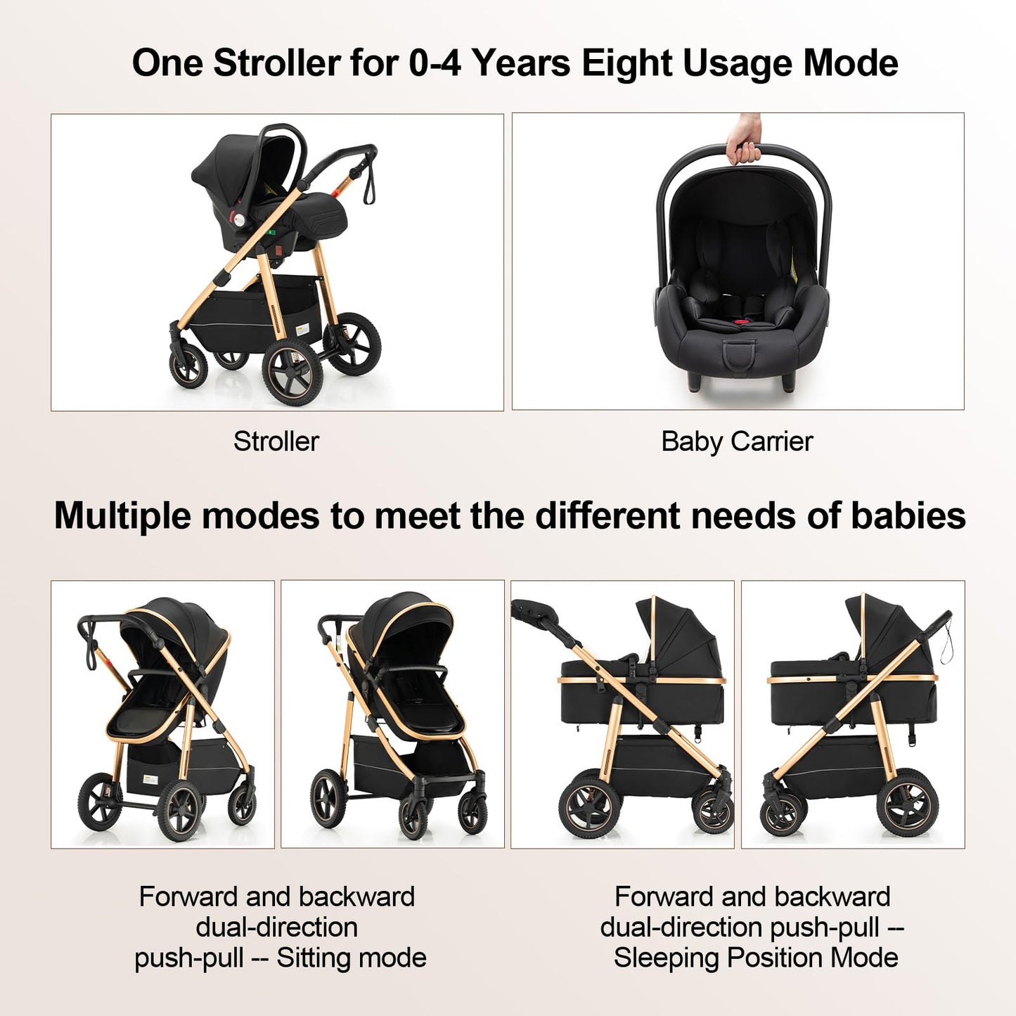 Zkipm Baby Buggy, Baby Pram, Pushchair with Seat, 3 in 1 Travel System, Foldable and Reclining Stroller, Prams with Backpack, Rain Cover, Mosquito Net, Aluminium Frame, 0-4 Years, Up to 22 kg Green