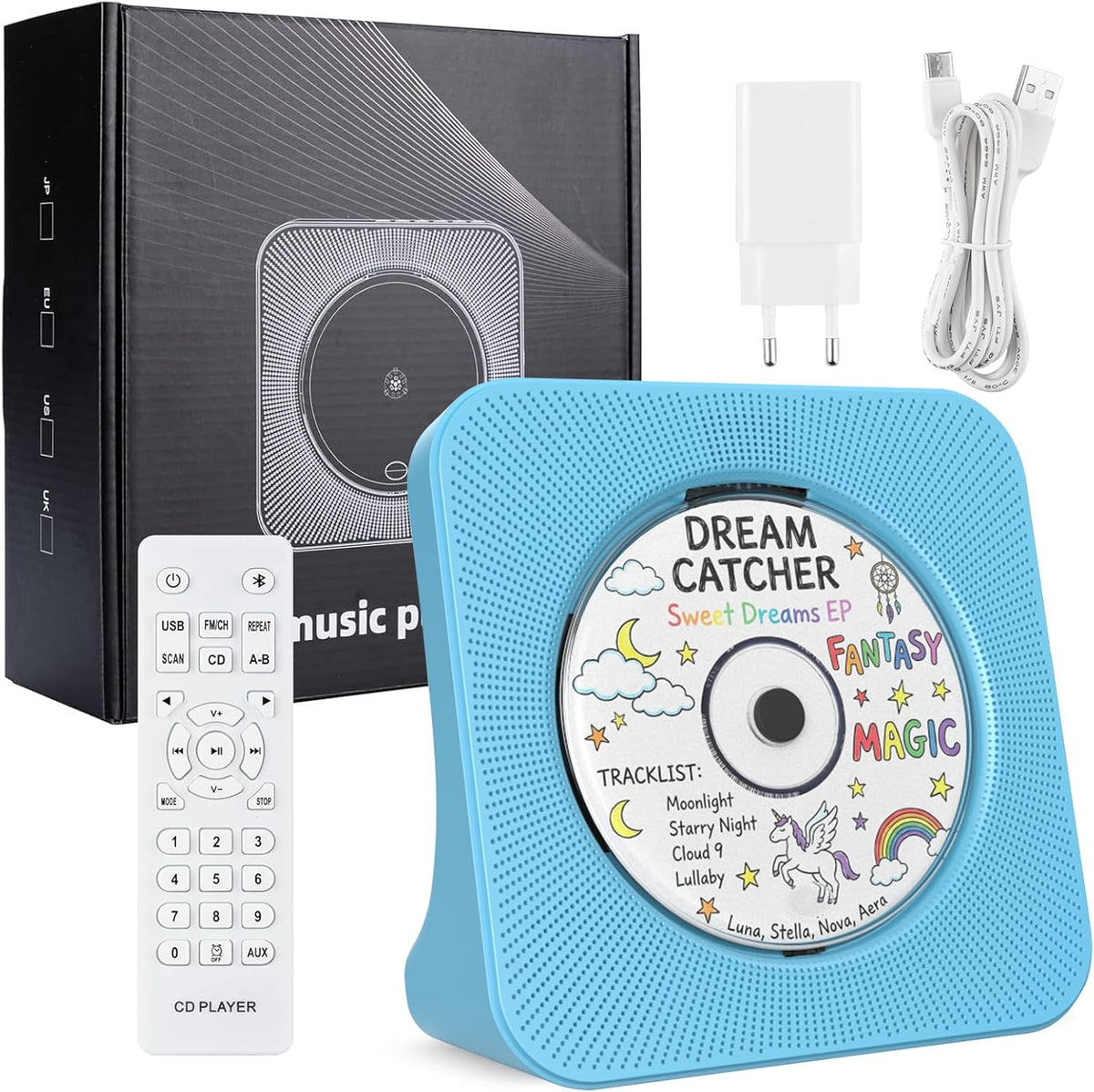 Portable CD Player with Bluetooth, Gueray Desktop CD Players for Home, Bulit-in Double HiFi Speakers, AUX&Headphone Jack, FM Radio Boombox with Remote Control, USB Port,LCD Display (Blue)