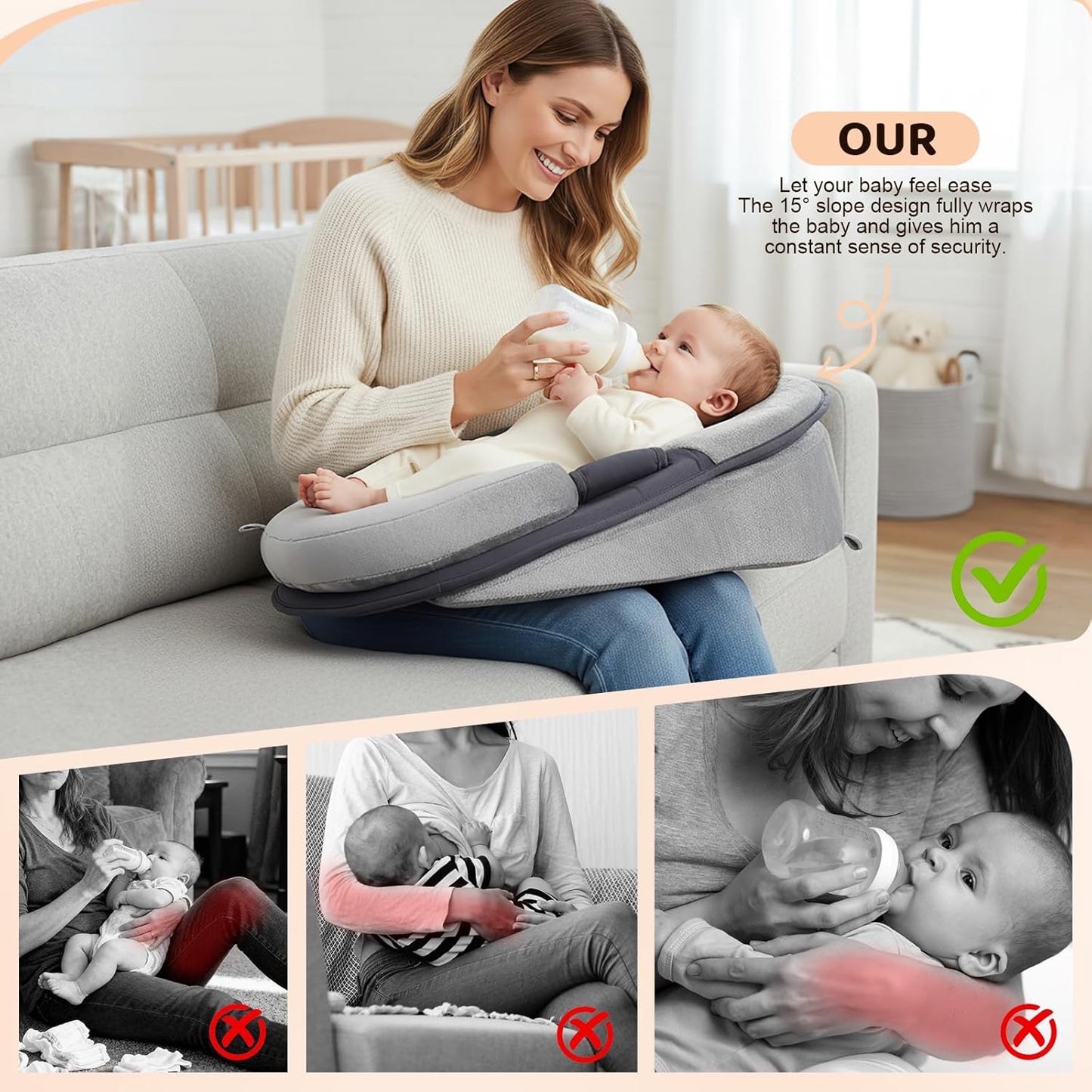 Nursing Pillow for Breastfeeding Moms, Multifunctional Baby Feeding Pillow with Adjustable Safety Strap, Feeding Support Pillow for Newborn Bottle Feeding (3)