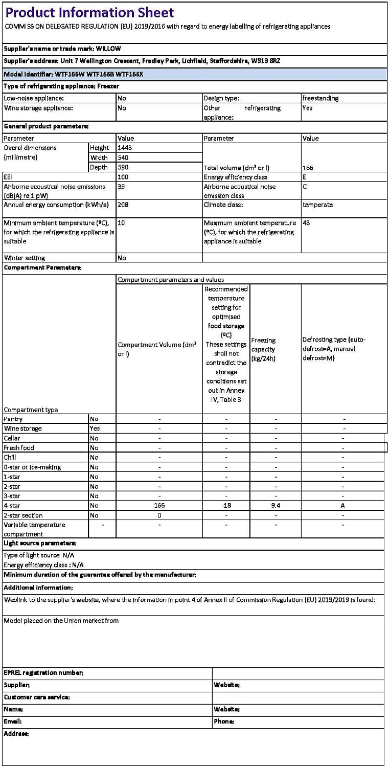 Willow WTF166W 166L Total No Frost Freestanding Tall Freezer 4* Rating Automatic Defrost Reversible Door Quiet White
