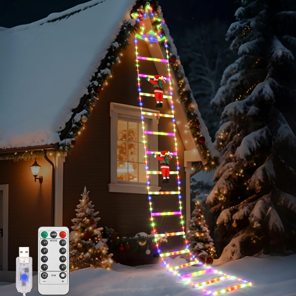 Lewondr 10ft Christmas Ladder Lights with 2 Santa Ladder Climbing, Colorful