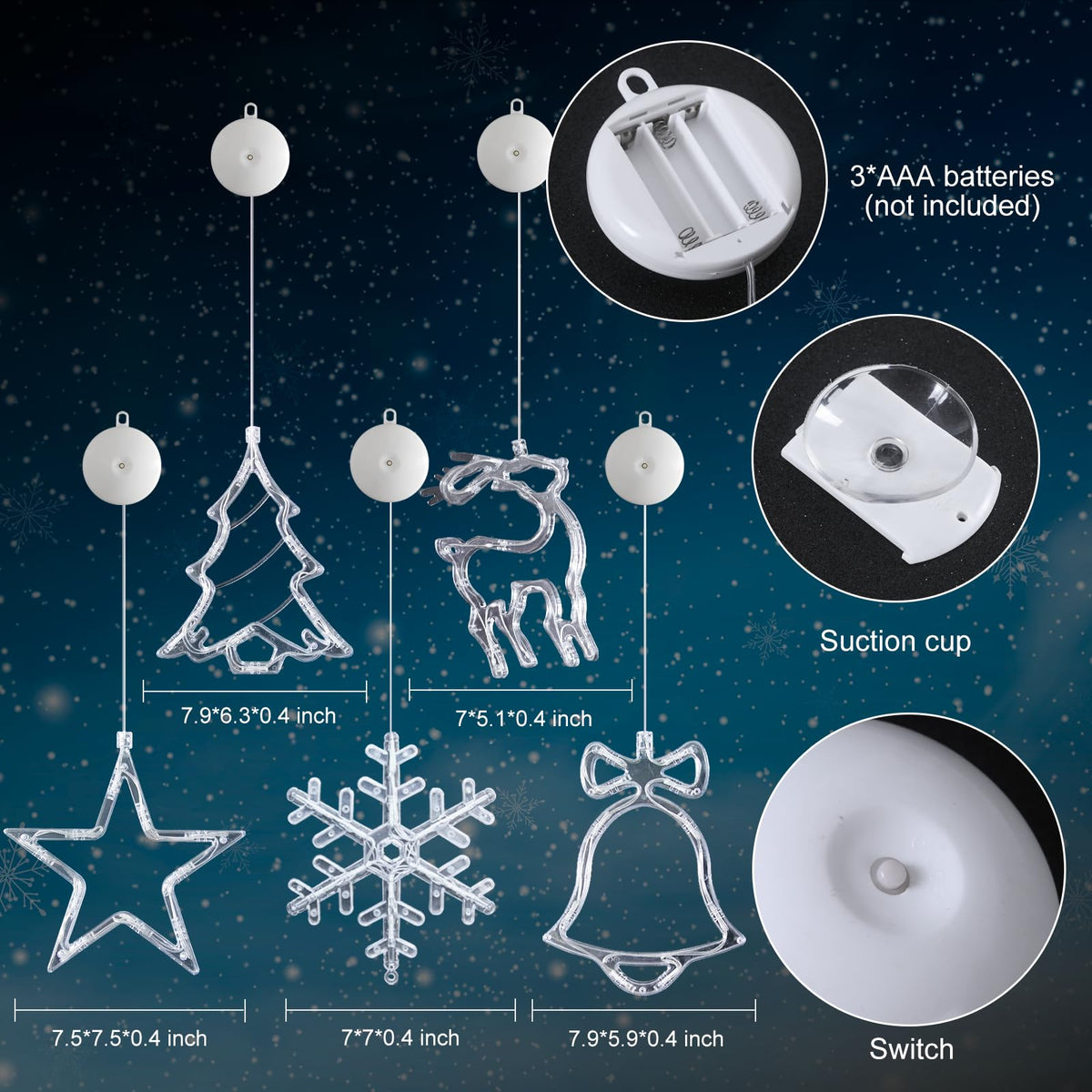 LYUBASA 5Pack Christmas Window Lights Decorations with Timer,Battery Powered Christmas Hanging White Lighted Snowflake Shaped LED Sucker for Xmas Tree Fireplace Indoor Decor