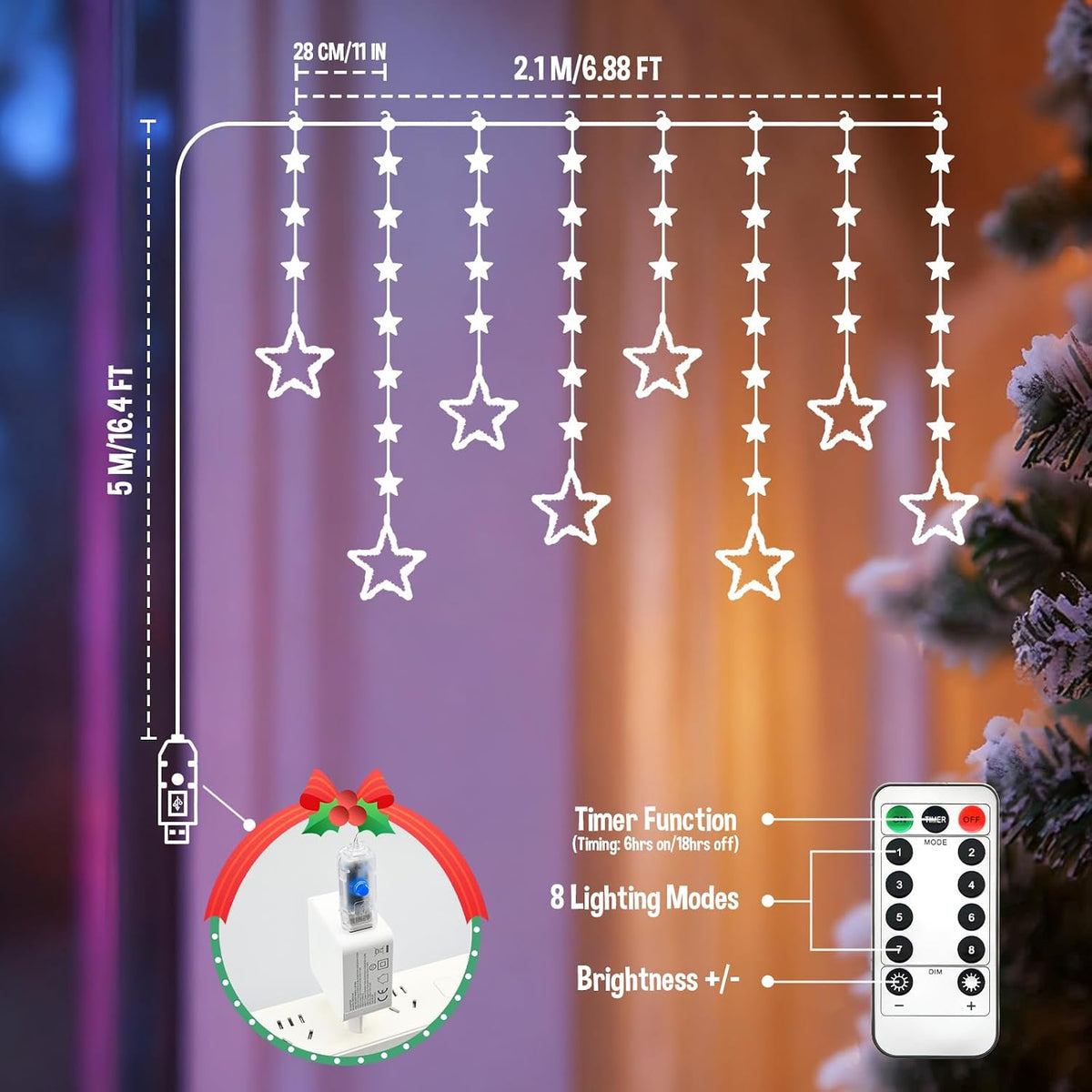 Christmas Star Window Lights, 2M 48 Stars 80 LED Curtain Fairy Lights with Remote, Timer, 8 Modes, Dimmable, USB Powered String Lights for Window, Bedroom, Party, Christmas Decorations