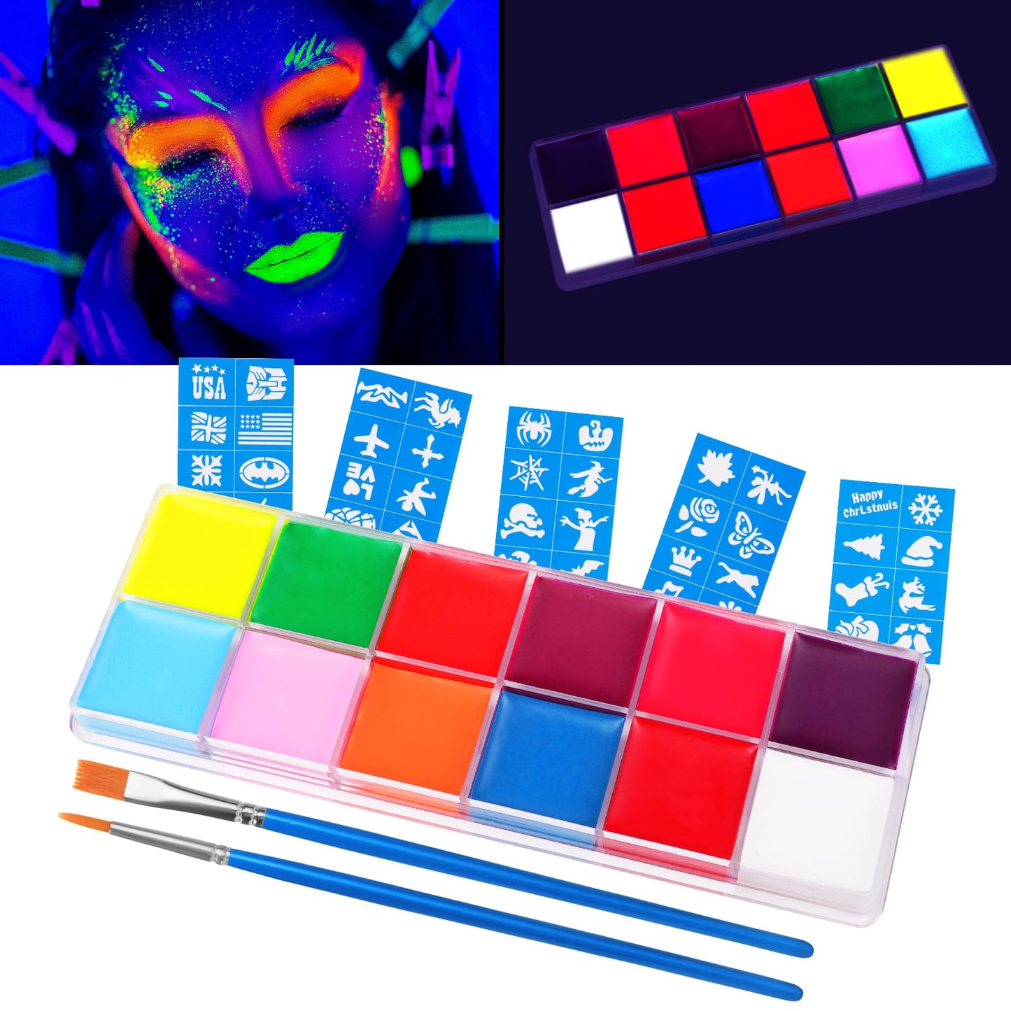 URAQT Face Paint Kit, 15 Color Face & 15 Color Neon Ultraviolet Painting with 2 Brushes 80 Stencils, Washable Safe Body Paint for Adults Kids Halloween Party Carnival, Makeup Paint Non-Toxic to Use