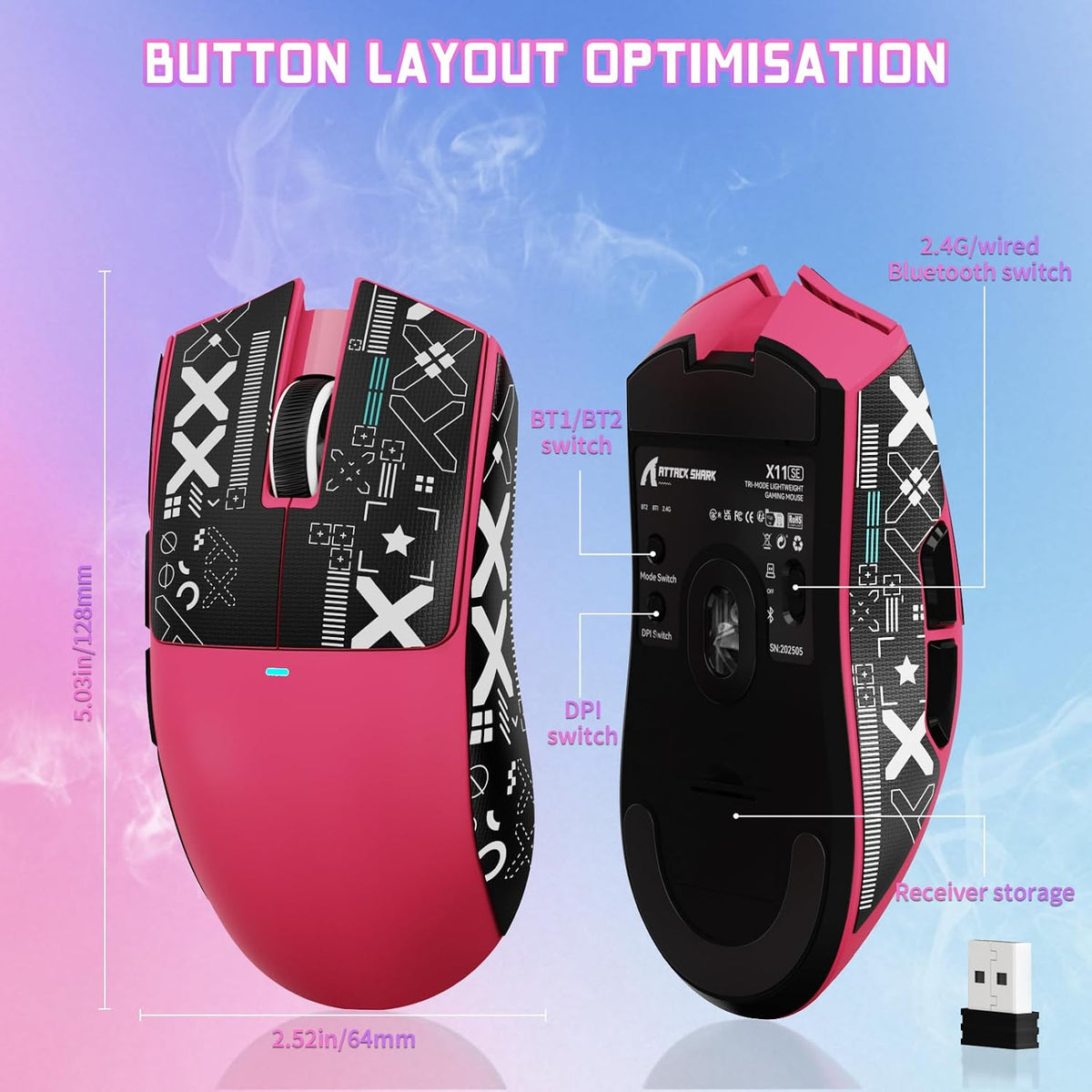ATTACK SHARK X11SE Wireless Gaming Mouse, 63g Superlight With PixArt PAW3311 Sensor, 22000 DPI, Tri-Mode BT/2.4Ghz/Wired, 1000Hz Polling rate, 300mAh Battery, Dual Driver, for PC/PS/Mac (Berry Red)