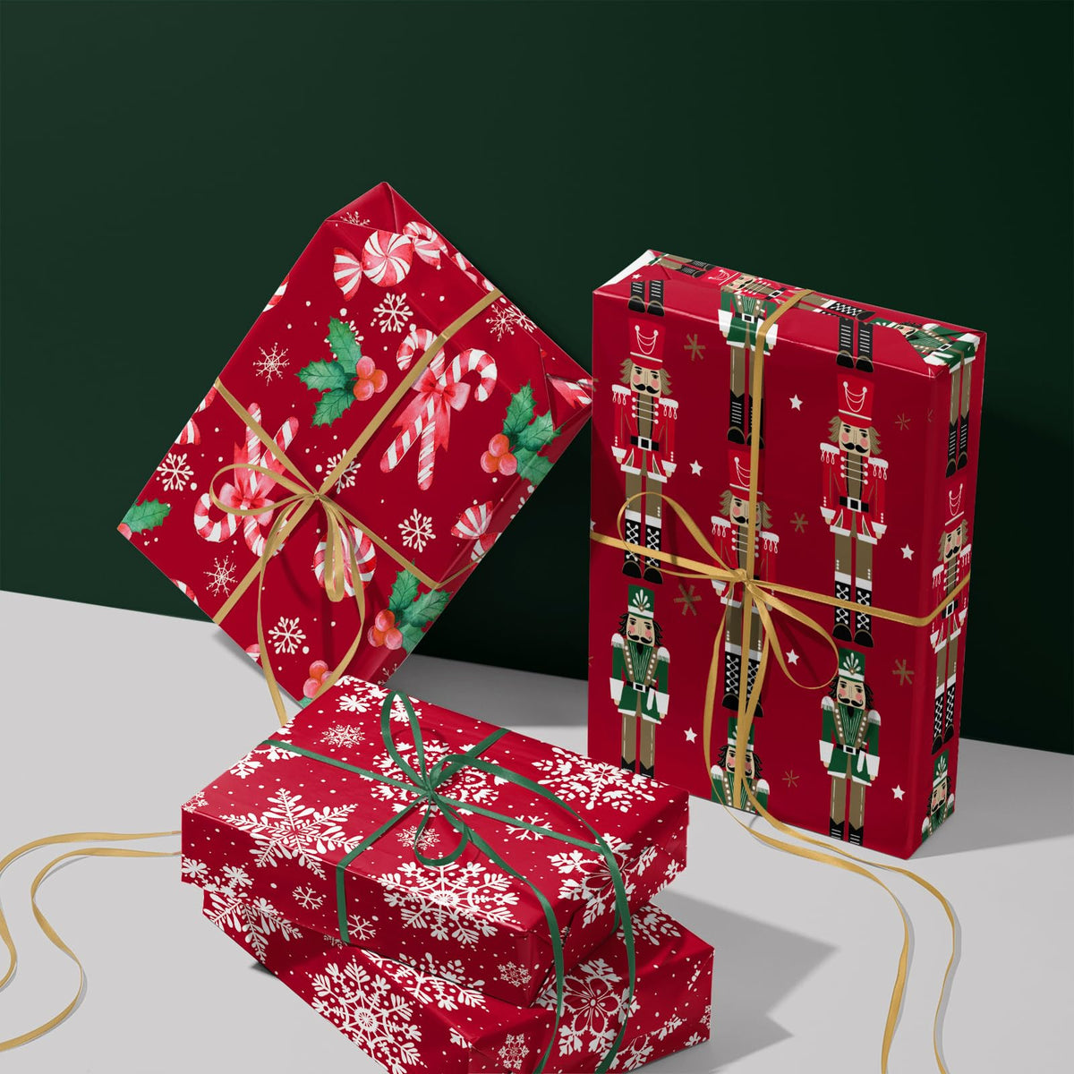 RUSPEPA Christmas Wrapping Paper Roll - Mini Roll - 3 Rolls - 43.2cm x 3m Per Roll - Bird, Christmas Garland, Holly and Pinecones Holiday Design with Metallic Foil Shine