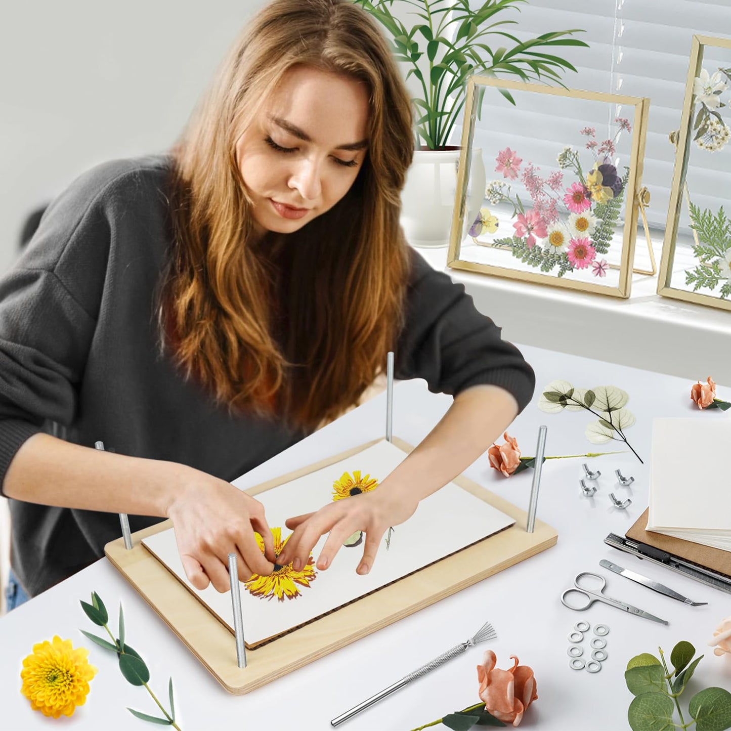 Sanlebi Large Flower Press for Adults Kids - 11.8x8.3 Inches (30x21cm) 10 Layers DIY Wooden Flower Pressing Kit with Storage Bag Arts and Crafts Kits for Adults Great Gift
